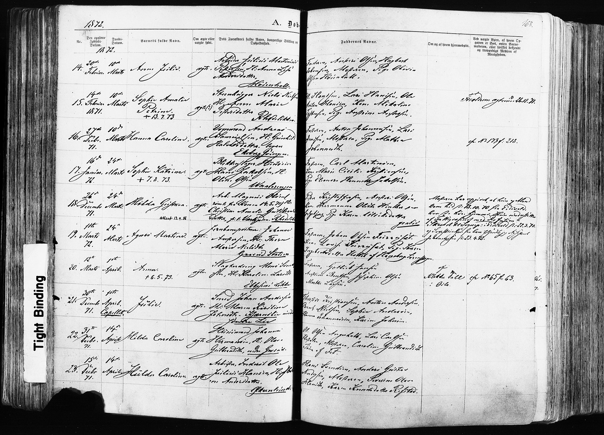 Østre Aker prestekontor Kirkebøker, AV/SAO-A-10840/F/Fa/L0003: Parish register (official) no. I 3, 1869-1875, p. 168