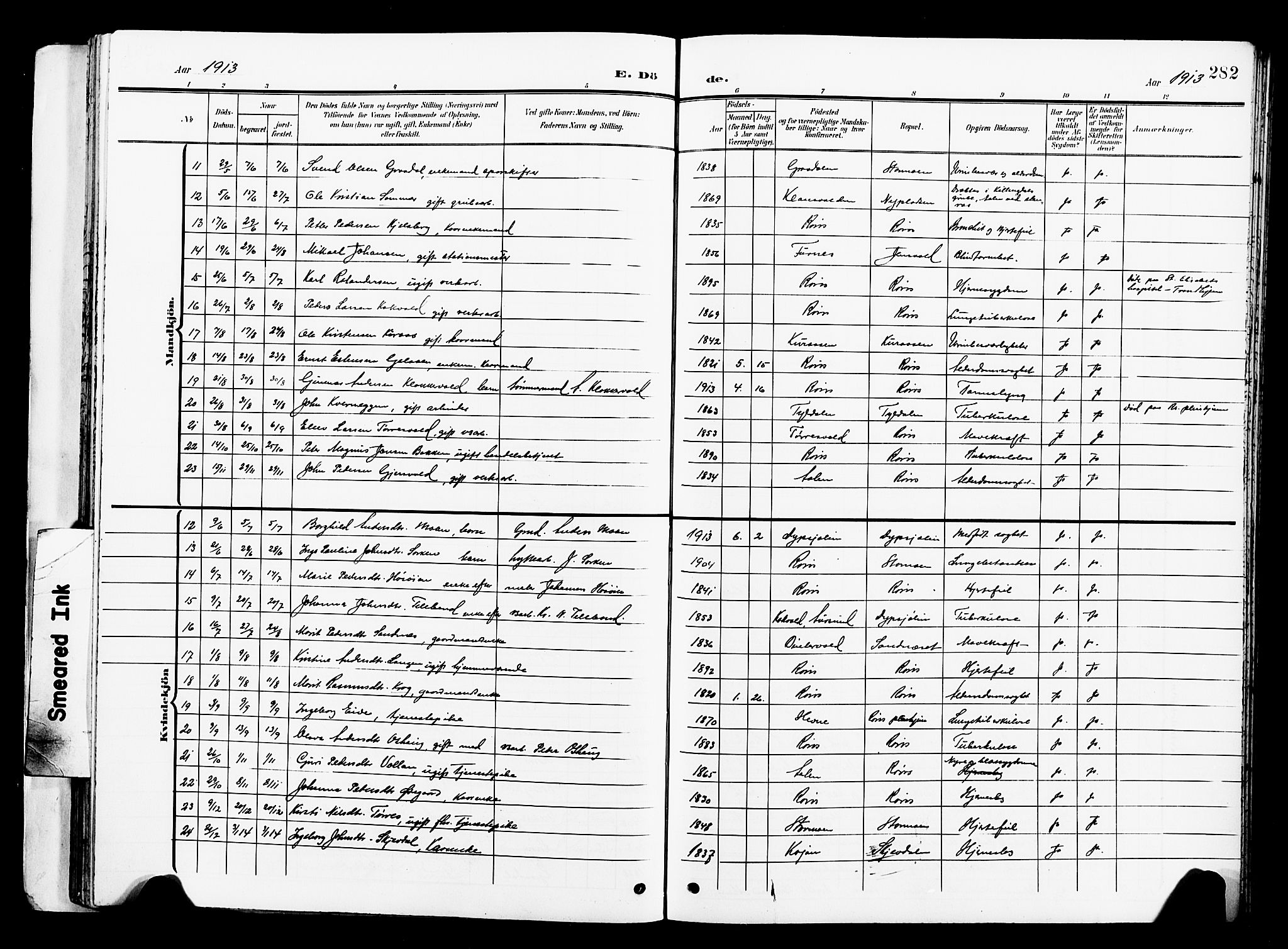 Ministerialprotokoller, klokkerbøker og fødselsregistre - Sør-Trøndelag, AV/SAT-A-1456/681/L0942: Parish register (copy) no. 681C06, 1906-1925, p. 282