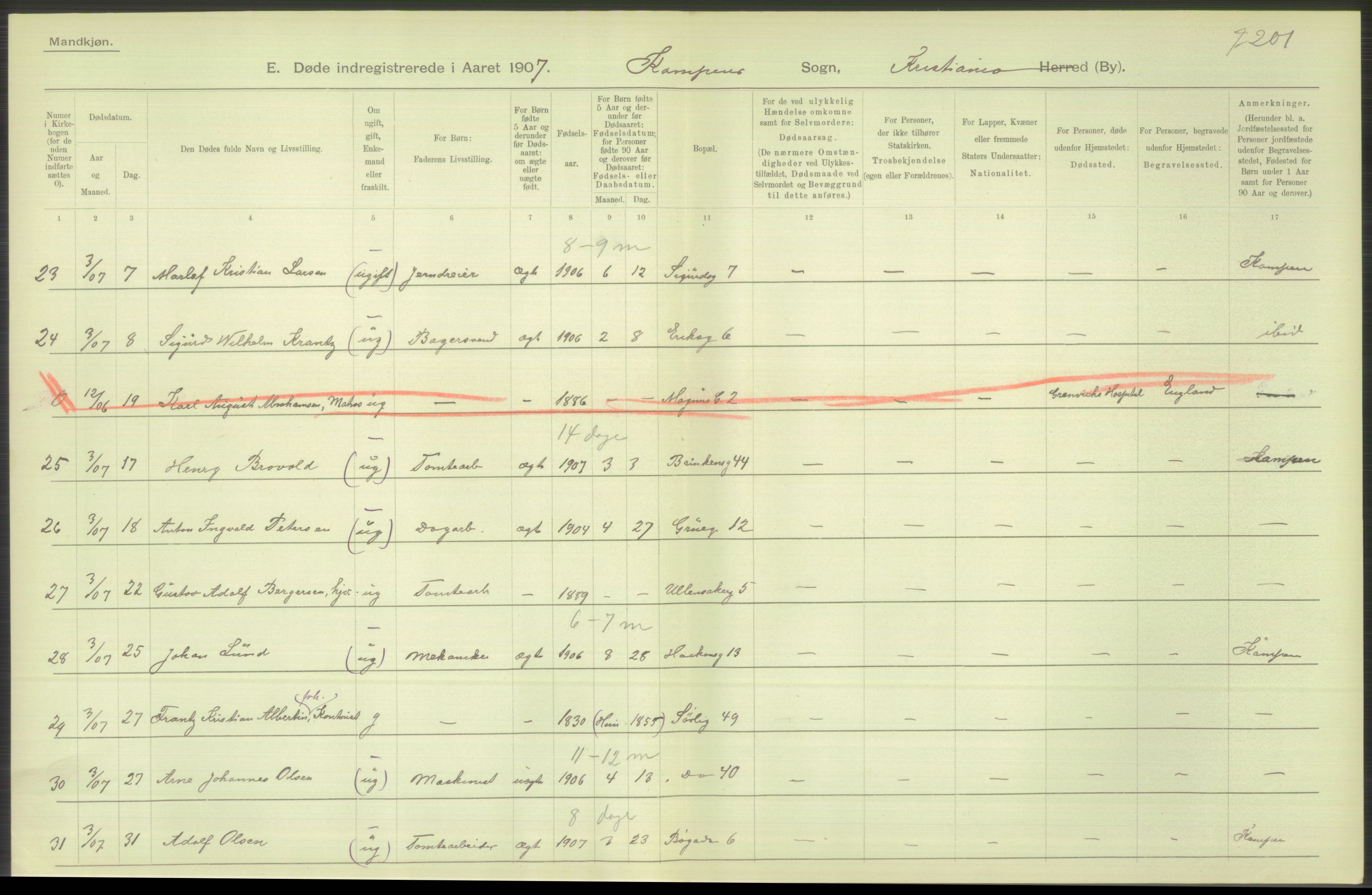 Statistisk sentralbyrå, Sosiodemografiske emner, Befolkning, AV/RA-S-2228/D/Df/Dfa/Dfae/L0010: Kristiania: Døde, dødfødte, 1907, p. 396