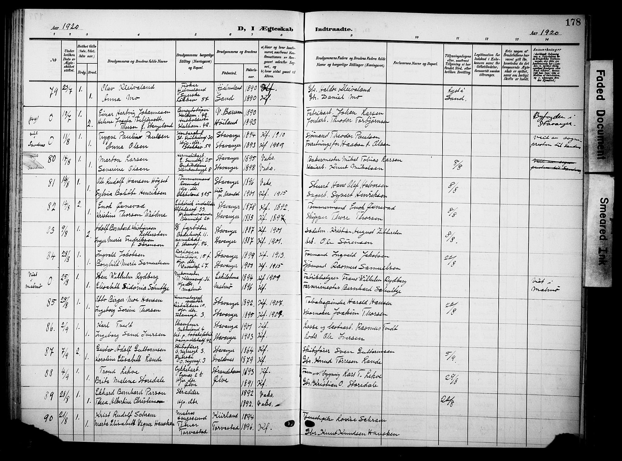 Domkirken sokneprestkontor, SAST/A-101812/001/30/30BB/L0017: Parish register (copy) no. B 17, 1902-1921, p. 178