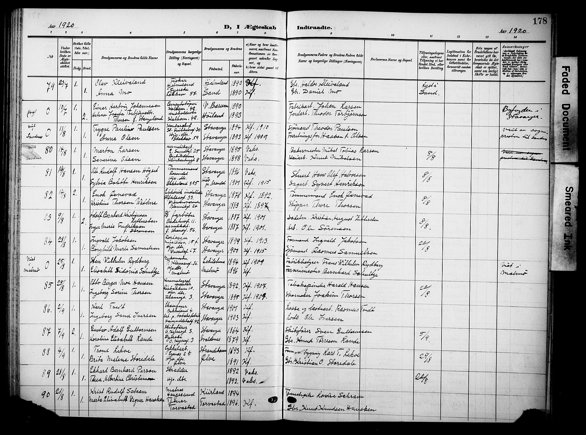 Domkirken sokneprestkontor, AV/SAST-A-101812/001/30/30BB/L0017: Parish register (copy) no. B 17, 1902-1921, p. 178