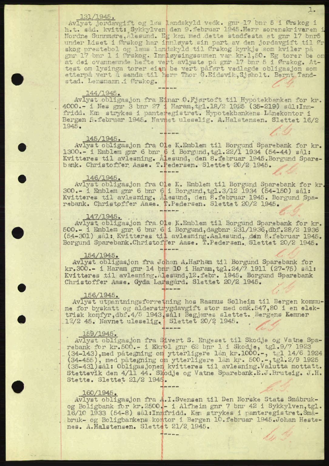 Nordre Sunnmøre sorenskriveri, SAT/A-0006/1/2/2C/2Ca: Mortgage book no. B6-14 a, 1942-1945, Diary no: : 131/1945