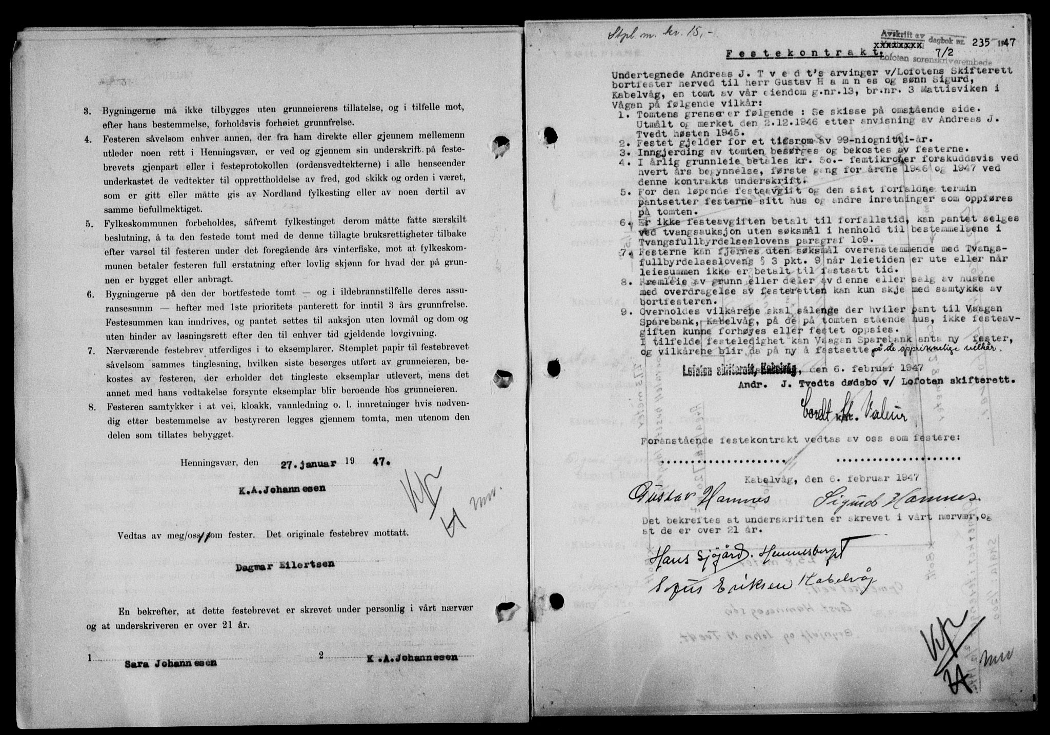 Lofoten sorenskriveri, SAT/A-0017/1/2/2C/L0015a: Mortgage book no. 15a, 1946-1947, Diary no: : 235/1947