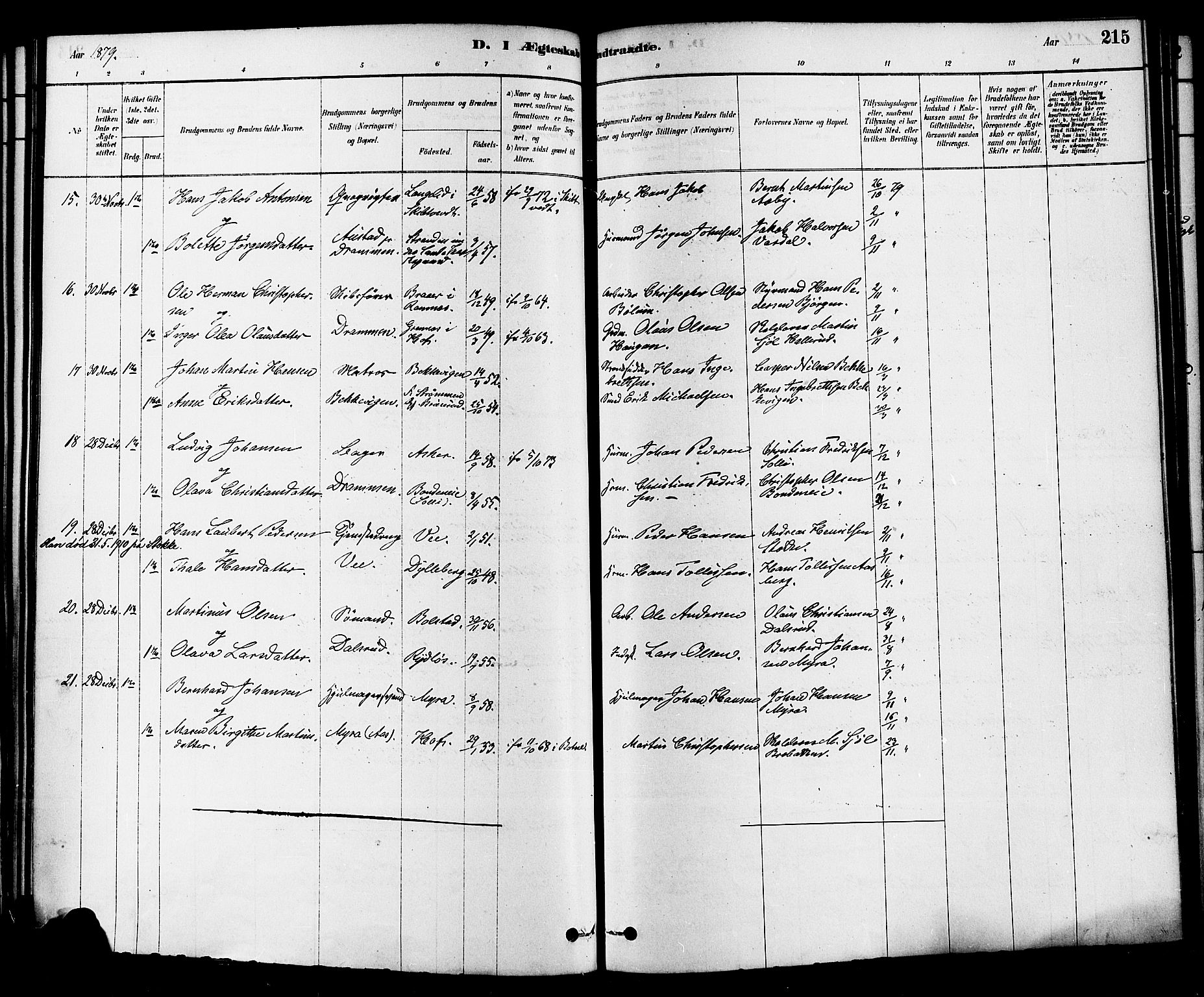 Sande Kirkebøker, AV/SAKO-A-53/F/Fa/L0006: Parish register (official) no. 6, 1878-1888, p. 215