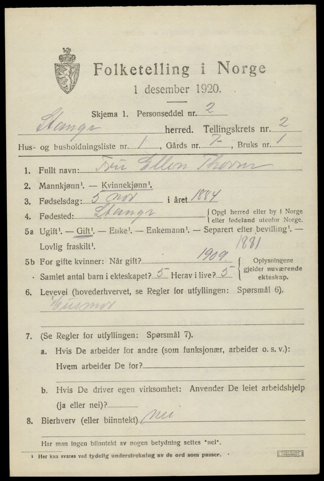 SAH, 1920 census for Stange, 1920, p. 4015