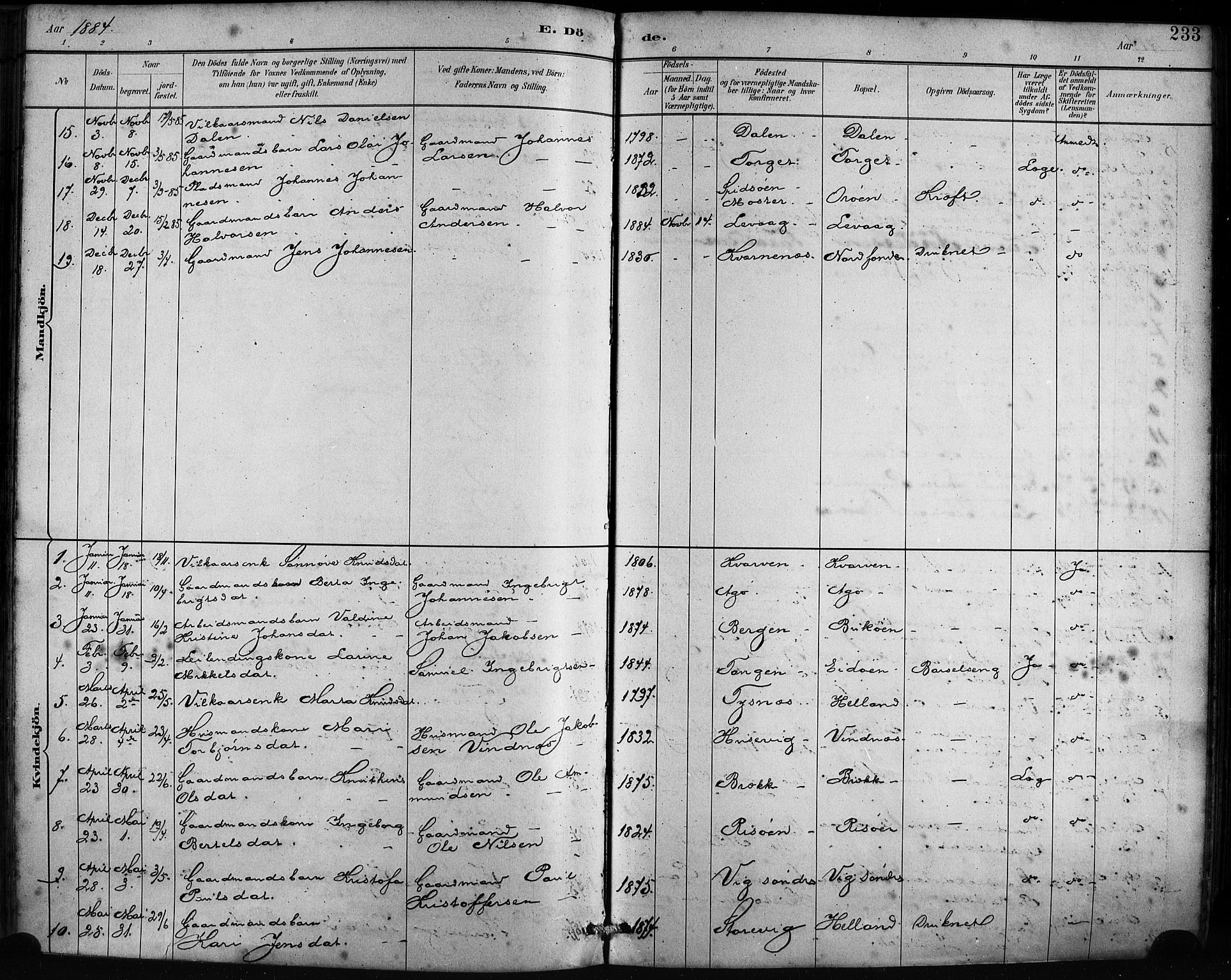 Fitjar sokneprestembete, SAB/A-99926: Parish register (official) no. A 2, 1882-1899, p. 233