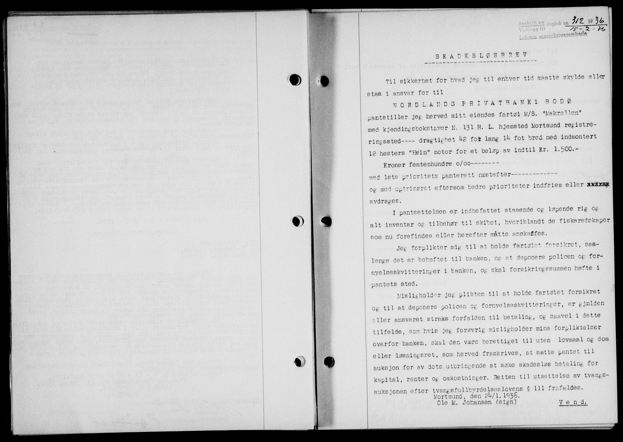 Lofoten sorenskriveri, SAT/A-0017/1/2/2C/L0033b: Mortgage book no. 33b, 1936-1936, Diary no: : 312/1936