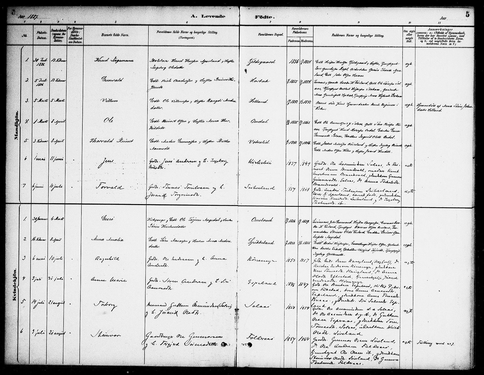 Bjelland sokneprestkontor, SAK/1111-0005/F/Fa/Fab/L0004: Parish register (official) no. A 4, 1887-1920, p. 5