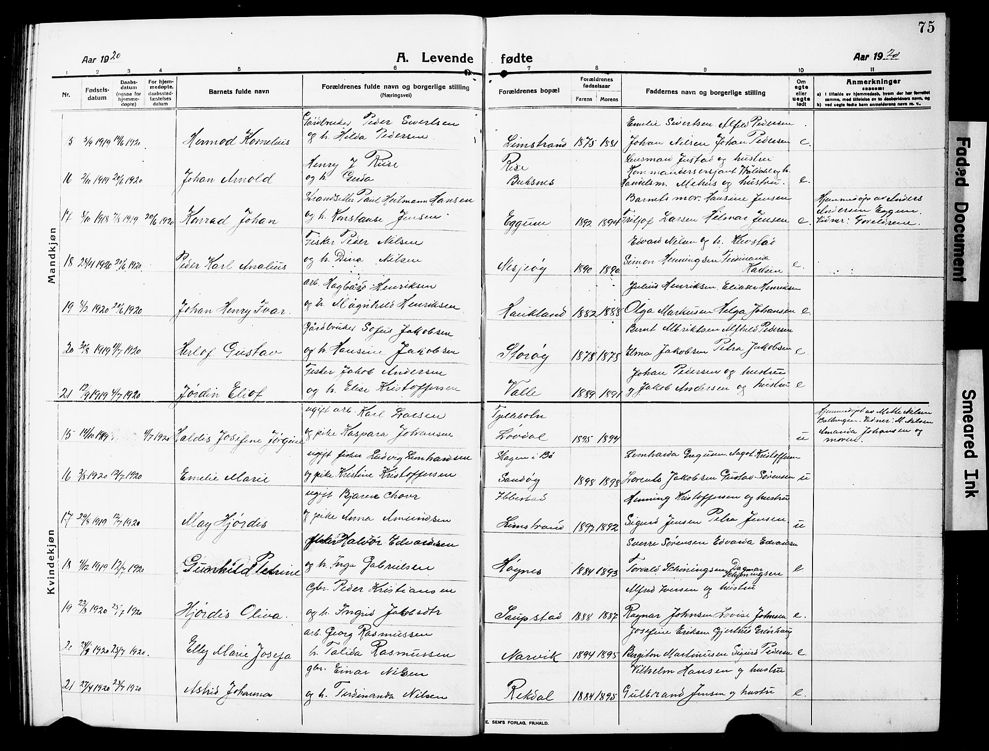 Ministerialprotokoller, klokkerbøker og fødselsregistre - Nordland, AV/SAT-A-1459/880/L1142: Parish register (copy) no. 880C04, 1913-1930, p. 75