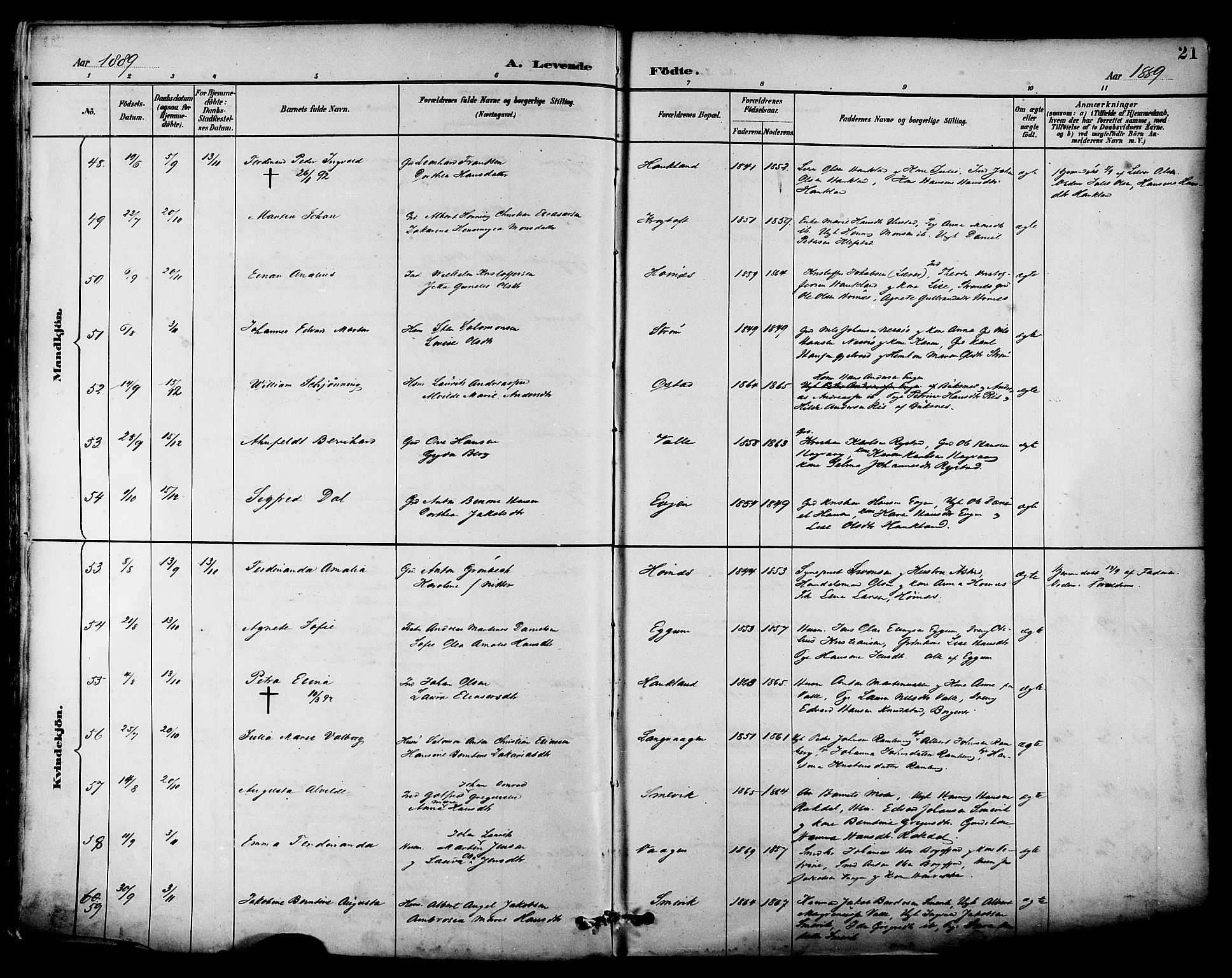 Ministerialprotokoller, klokkerbøker og fødselsregistre - Nordland, AV/SAT-A-1459/880/L1133: Parish register (official) no. 880A07, 1888-1898, p. 21