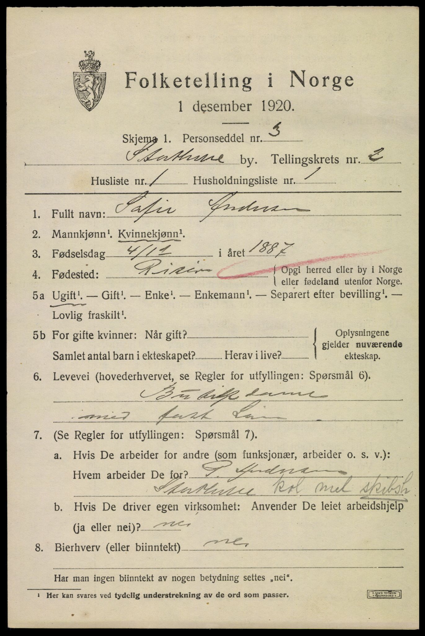 SAKO, 1920 census for Stathelle, 1920, p. 1067