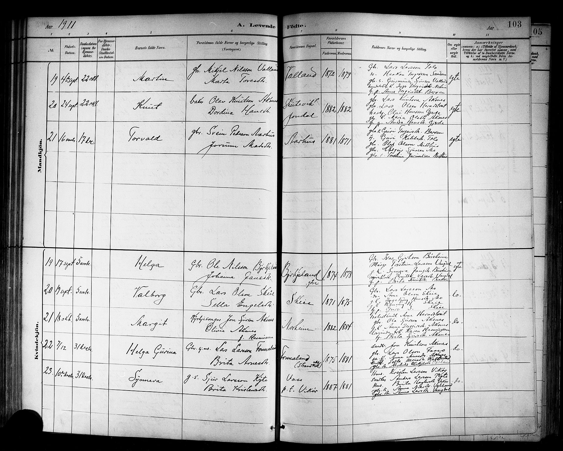 Kvam sokneprestembete, SAB/A-76201/H/Hab: Parish register (copy) no. B 3, 1884-1916, p. 103