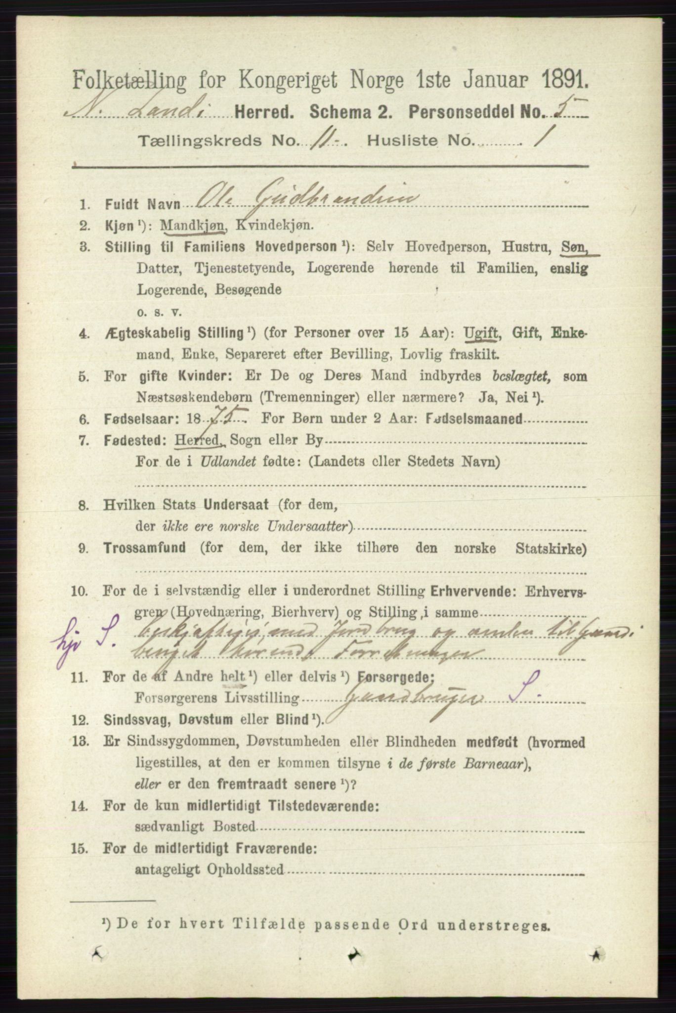 RA, 1891 census for 0538 Nordre Land, 1891, p. 3034