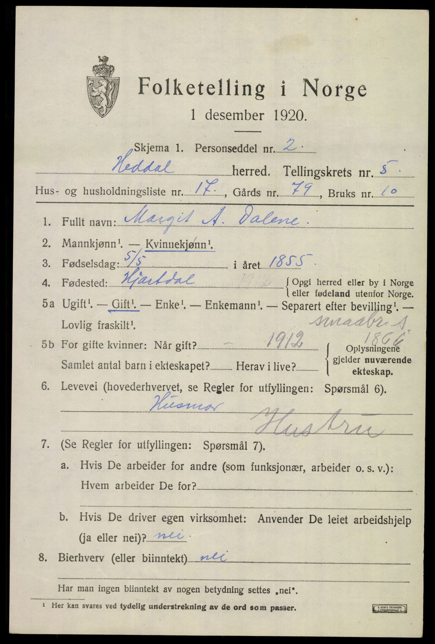 SAKO, 1920 census for Heddal, 1920, p. 4950