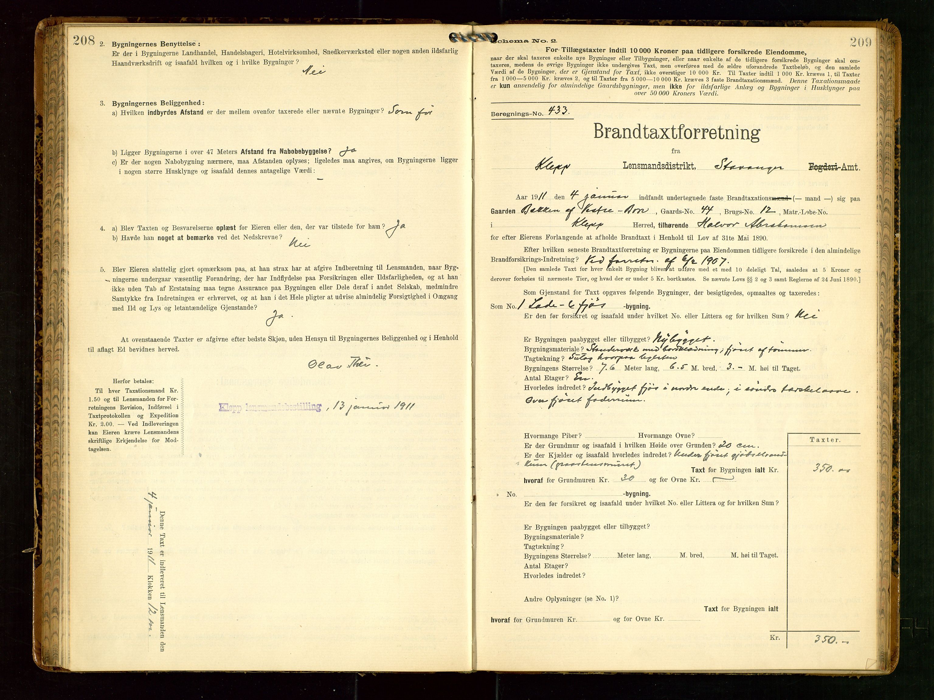 Klepp lensmannskontor, AV/SAST-A-100163/Goc/L0006: "Brandtaxationsprotokol" m/register, 1908-1912, p. 208-209