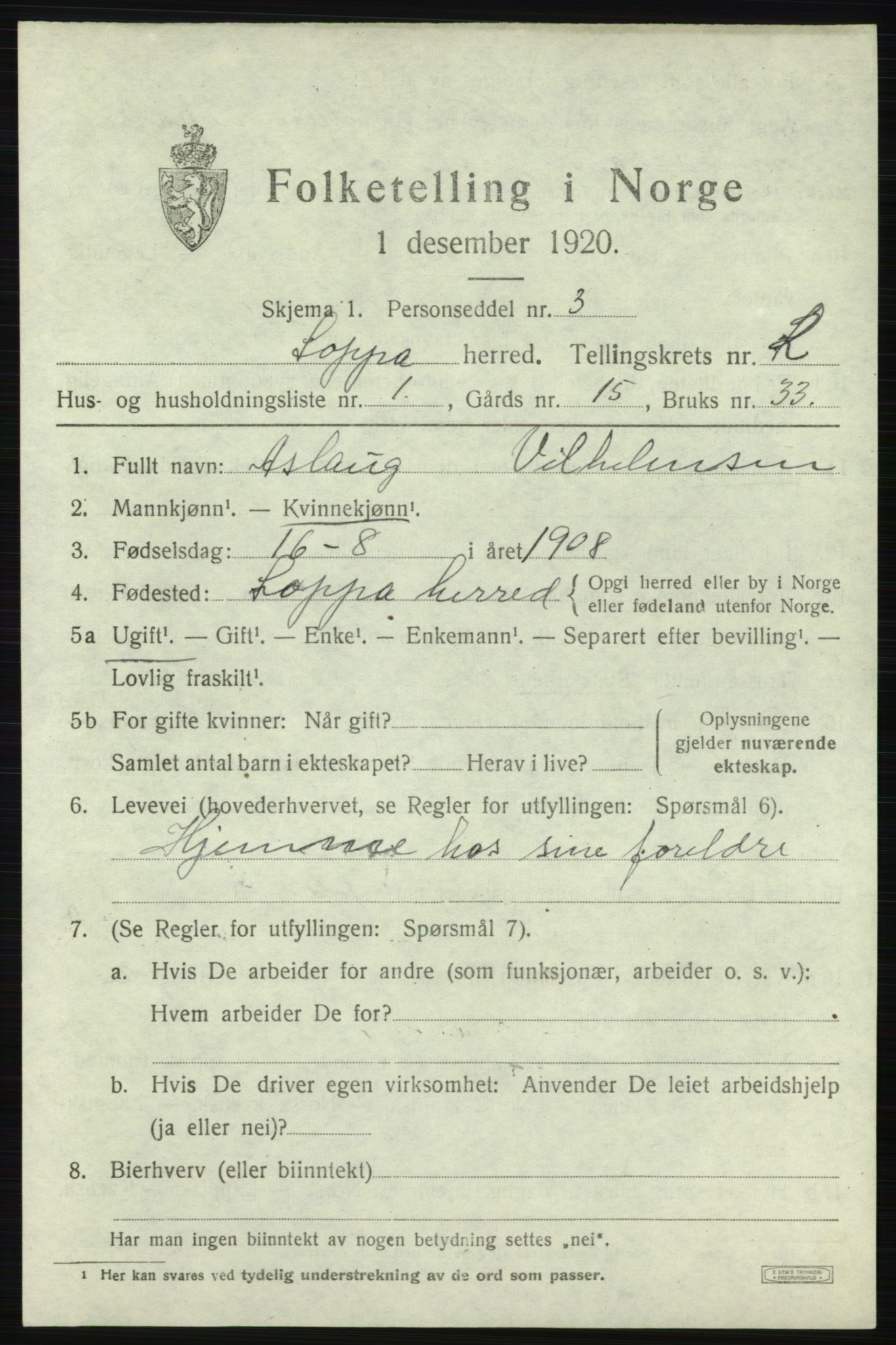 SATØ, 1920 census for Loppa, 1920, p. 822