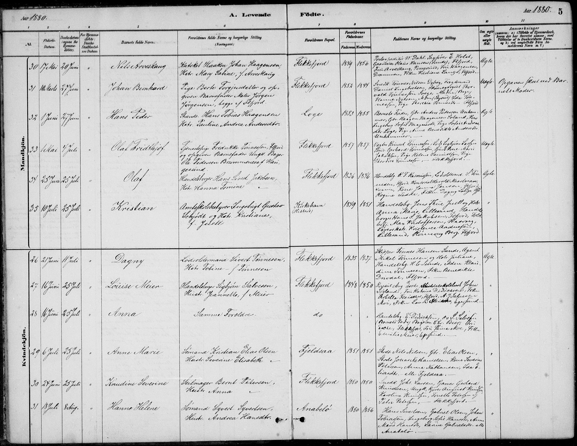 Flekkefjord sokneprestkontor, AV/SAK-1111-0012/F/Fb/Fbc/L0007: Parish register (copy) no. B 7, 1880-1902, p. 5