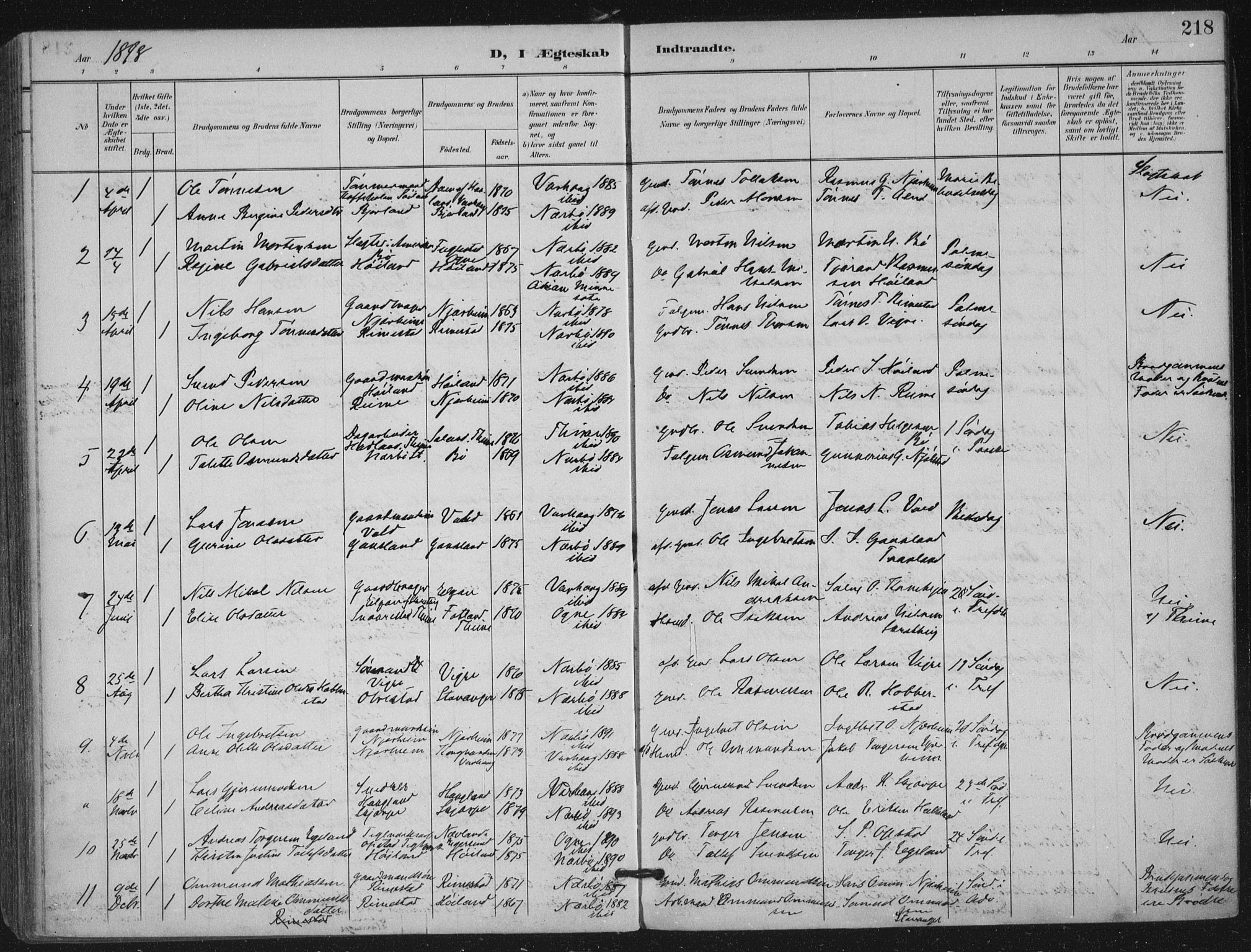 Hå sokneprestkontor, AV/SAST-A-101801/002/B/L0001: Parish register (official) no. A 11, 1897-1924, p. 218