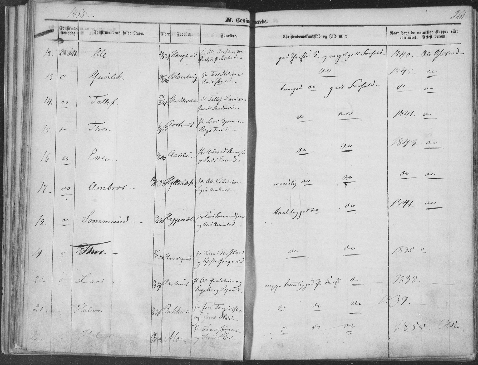 Seljord kirkebøker, AV/SAKO-A-20/F/Fa/L012b: Parish register (official) no. I 12B, 1850-1865, p. 261