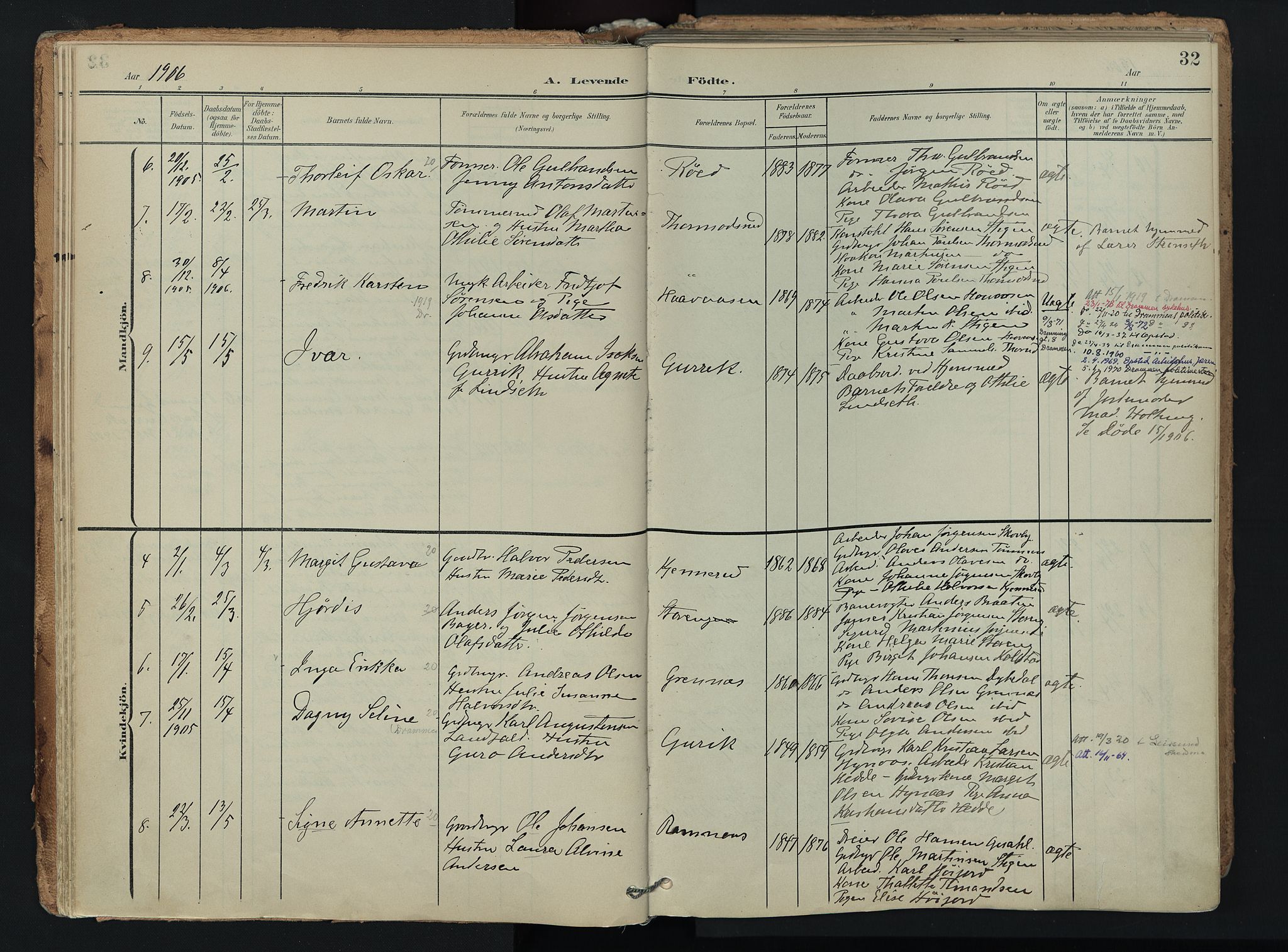 Hof kirkebøker, AV/SAKO-A-64/F/Fa/L0008: Parish register (official) no. I 8, 1902-1921, p. 32