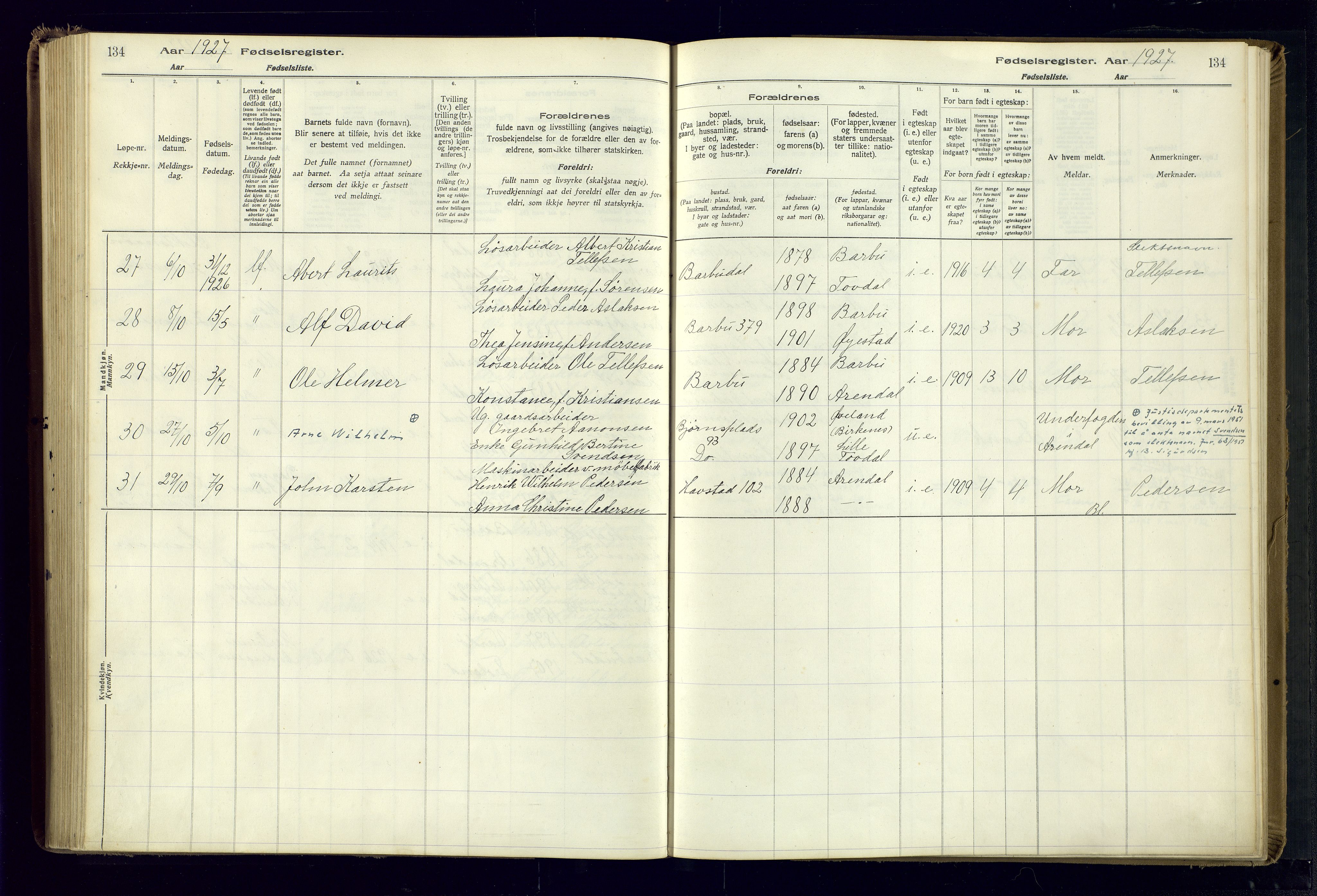 Barbu sokneprestkontor, SAK/1111-0003/J/Ja/L0001: Birth register no. A-VIII-1, 1916-1937, p. 134