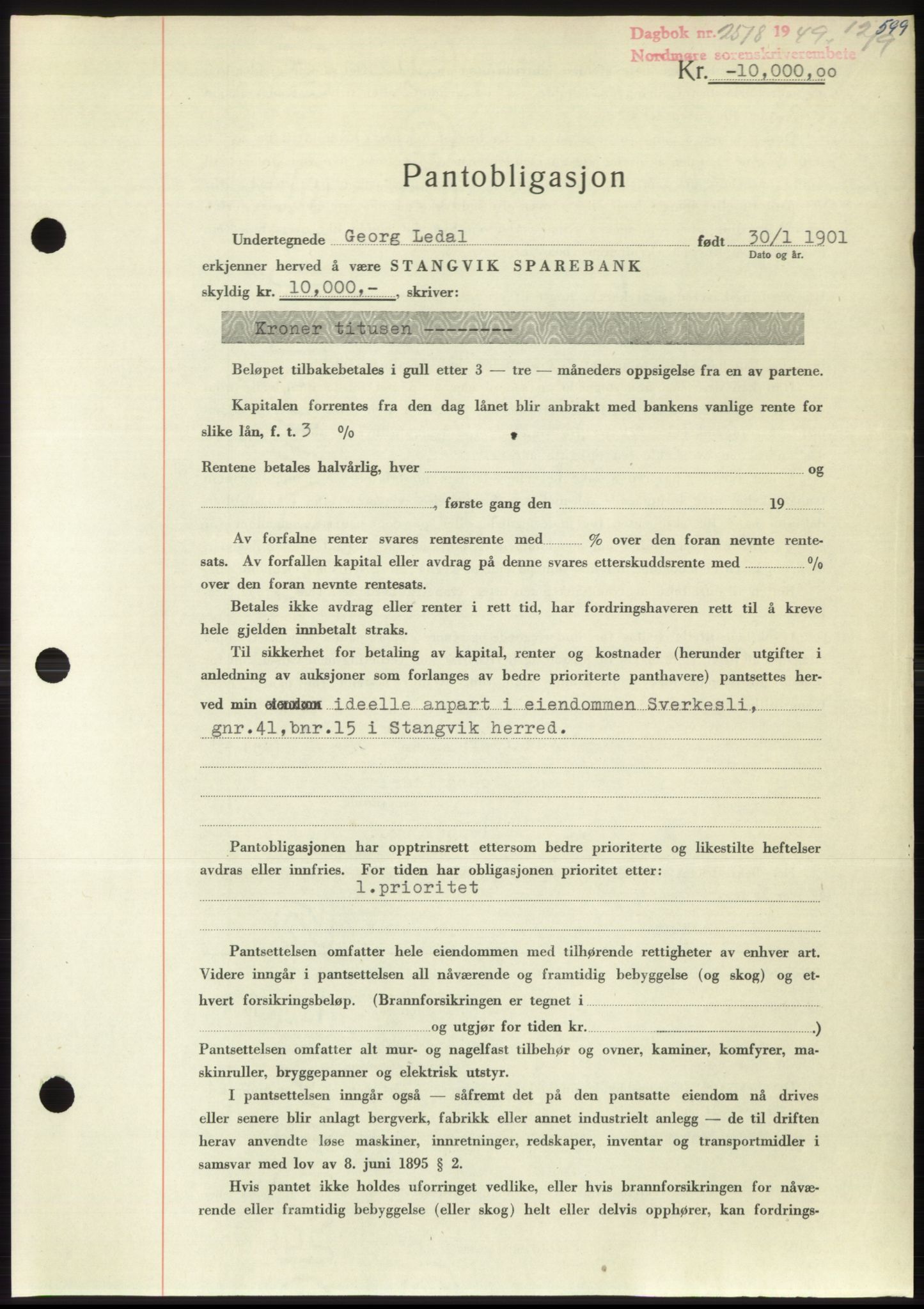 Nordmøre sorenskriveri, AV/SAT-A-4132/1/2/2Ca: Mortgage book no. B102, 1949-1949, Diary no: : 2518/1949