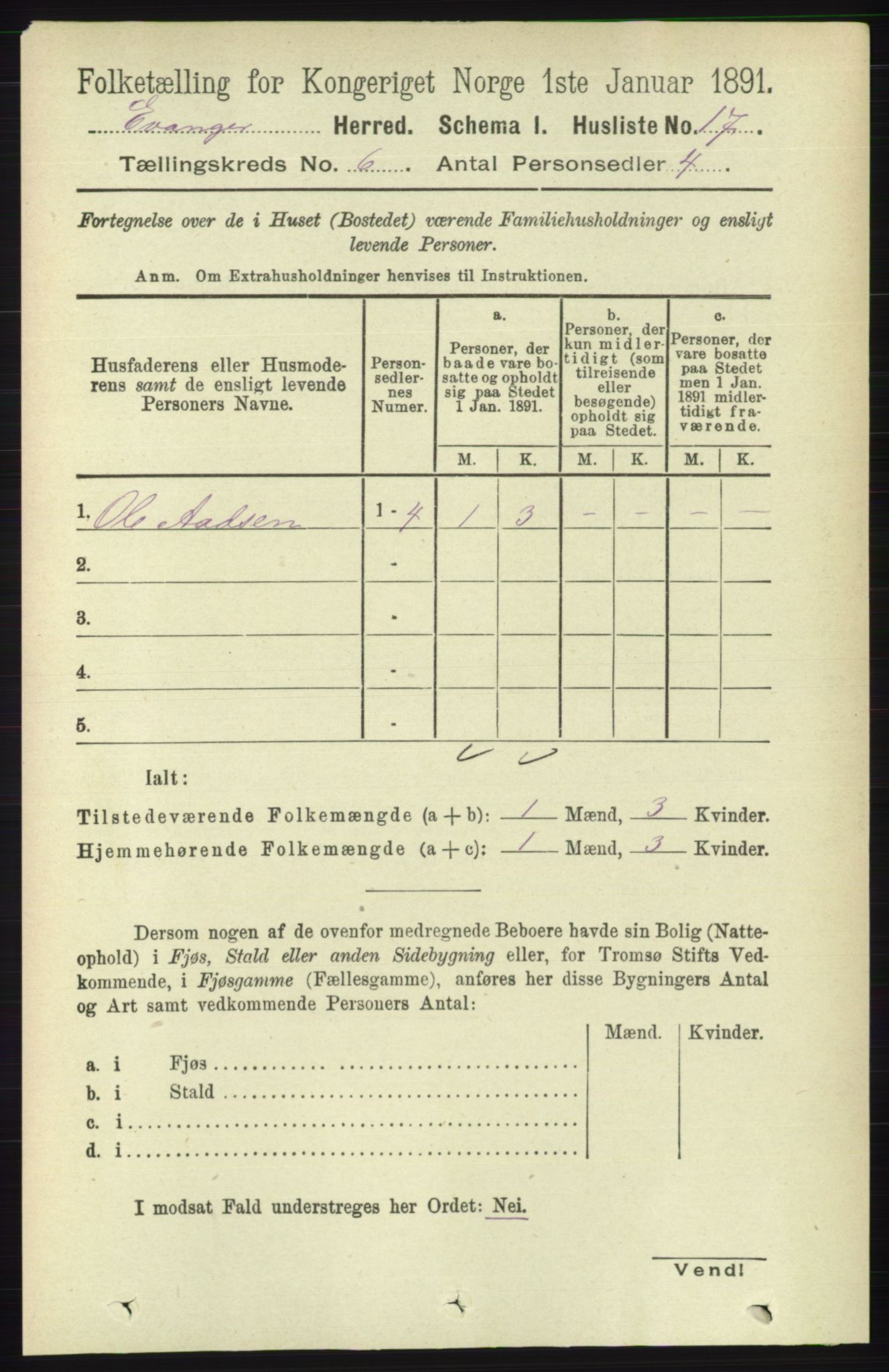 RA, 1891 census for 1237 Evanger, 1891, p. 1596