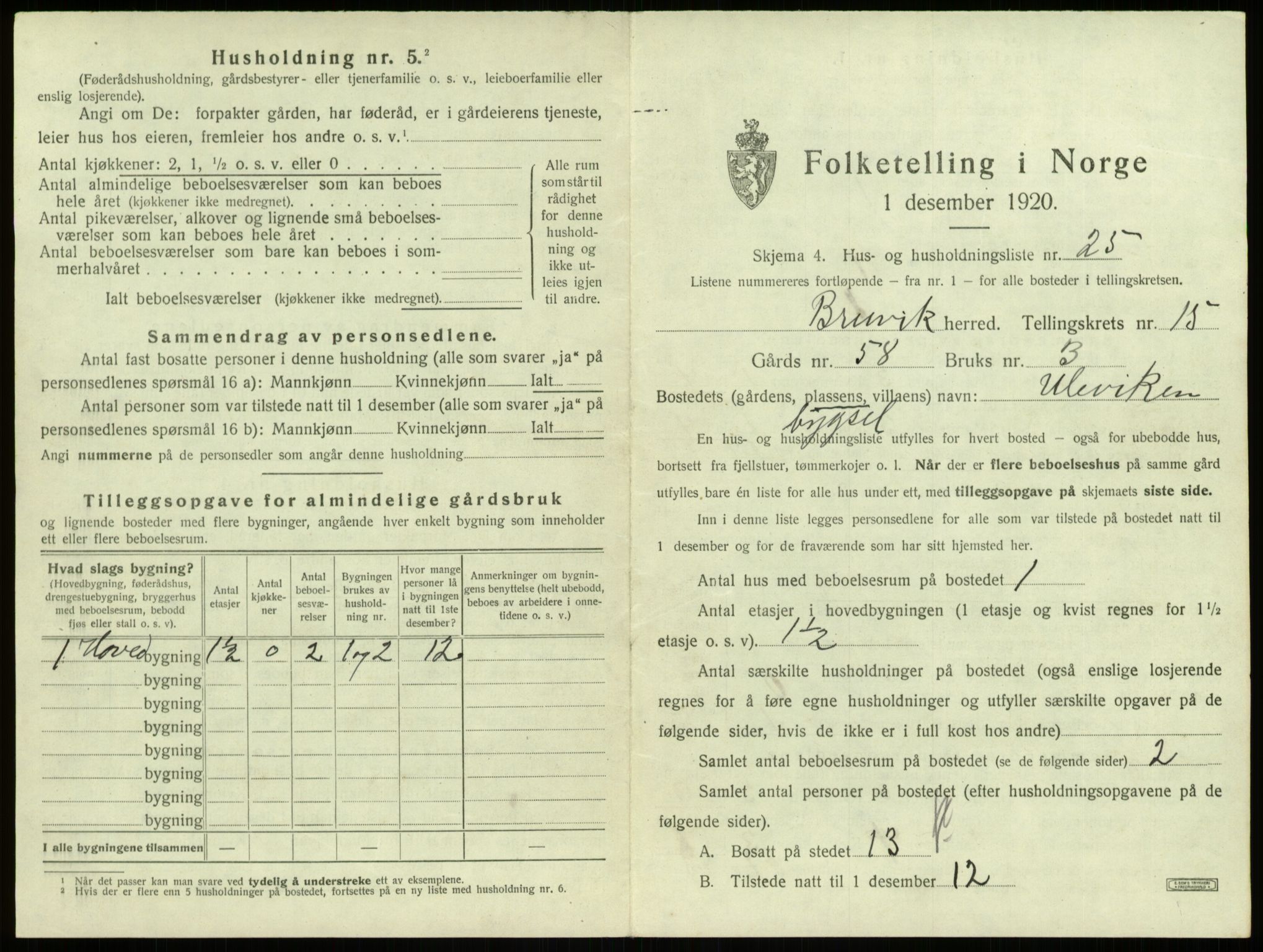 SAB, 1920 census for Bruvik, 1920, p. 1067