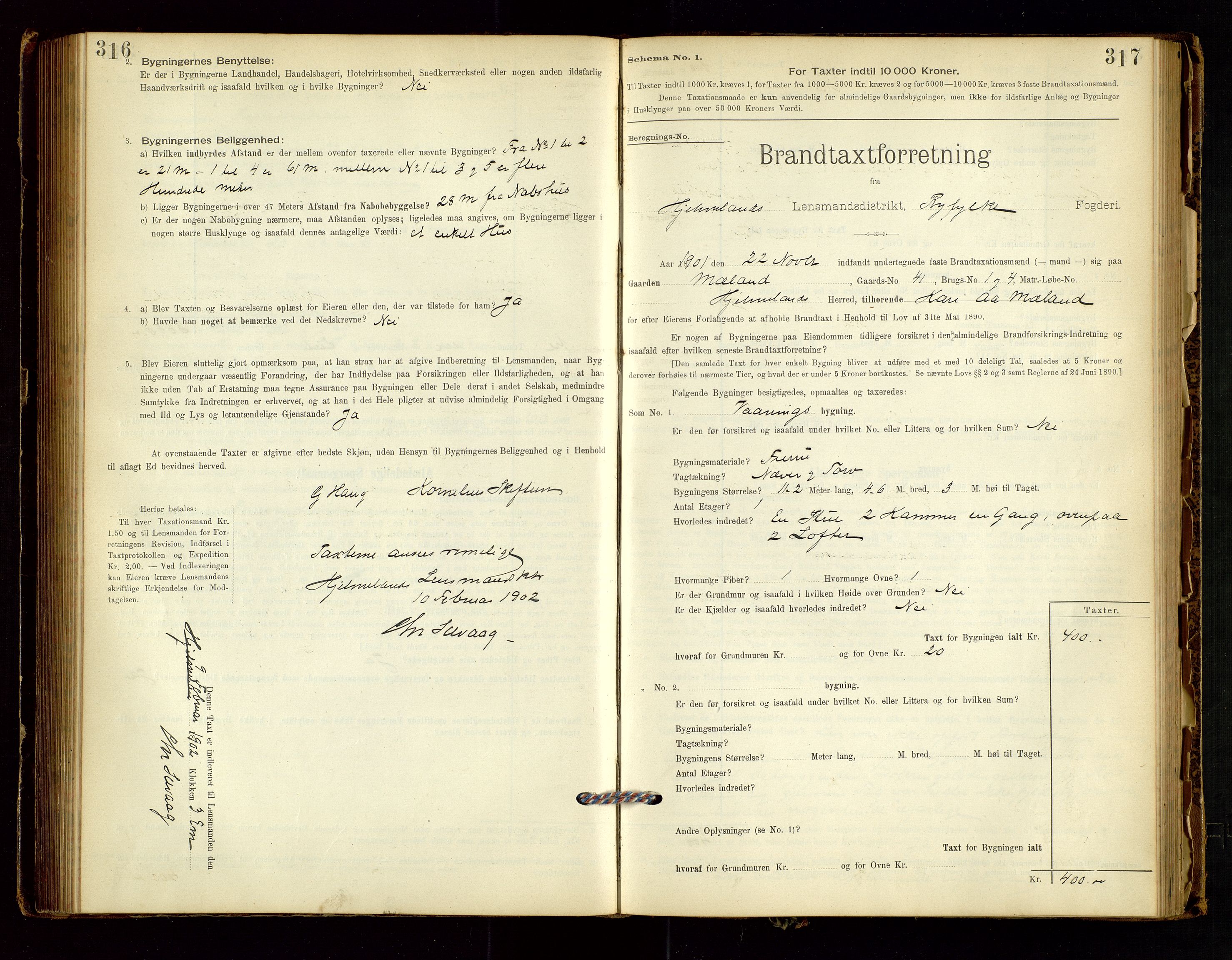 Hjelmeland lensmannskontor, SAST/A-100439/Gob/L0001: "Brandtaxationsprotokol", 1895-1932, p. 316-317