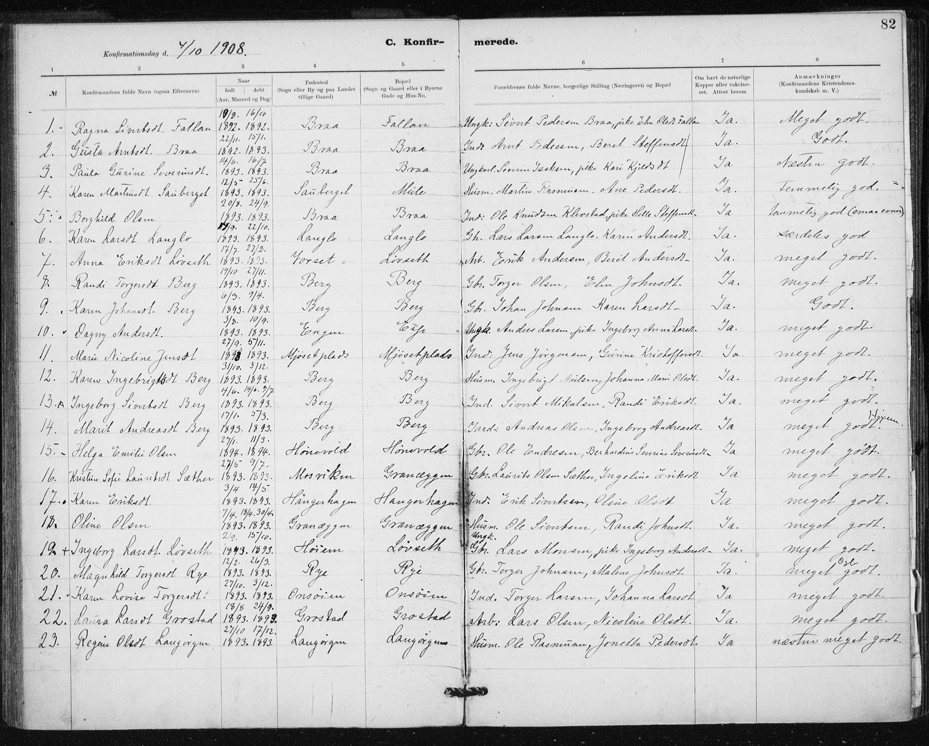 Ministerialprotokoller, klokkerbøker og fødselsregistre - Sør-Trøndelag, SAT/A-1456/612/L0381: Parish register (official) no. 612A13, 1907-1923, p. 82