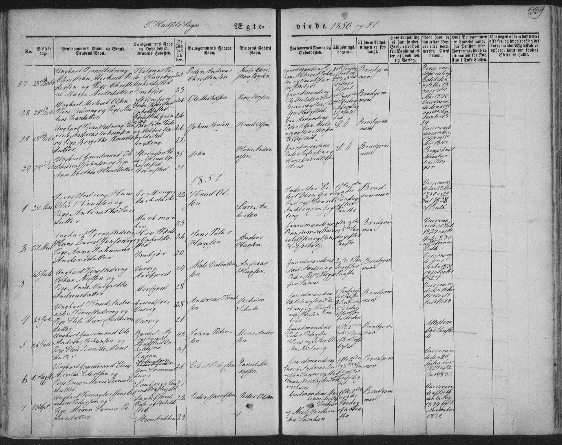 Ministerialprotokoller, klokkerbøker og fødselsregistre - Nordland, AV/SAT-A-1459/888/L1241: Parish register (official) no. 888A07, 1849-1869, p. 239