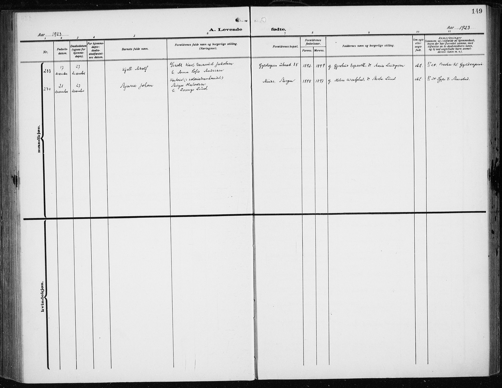 Fødselsstiftelsens sokneprestembete*, SAB/-: Parish register (official) no. A 5, 1918-1926, p. 149