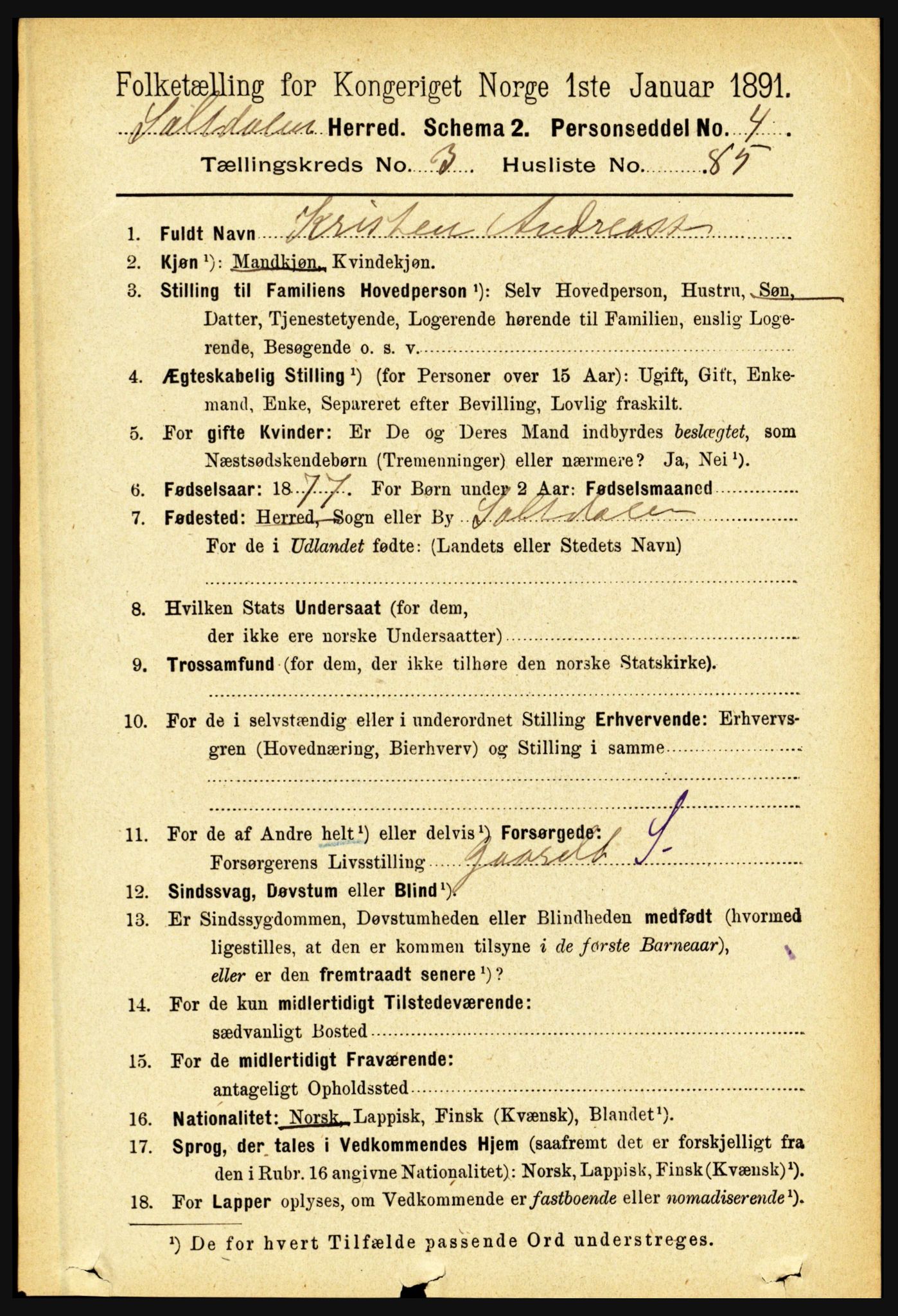 RA, 1891 census for 1840 Saltdal, 1891, p. 2249