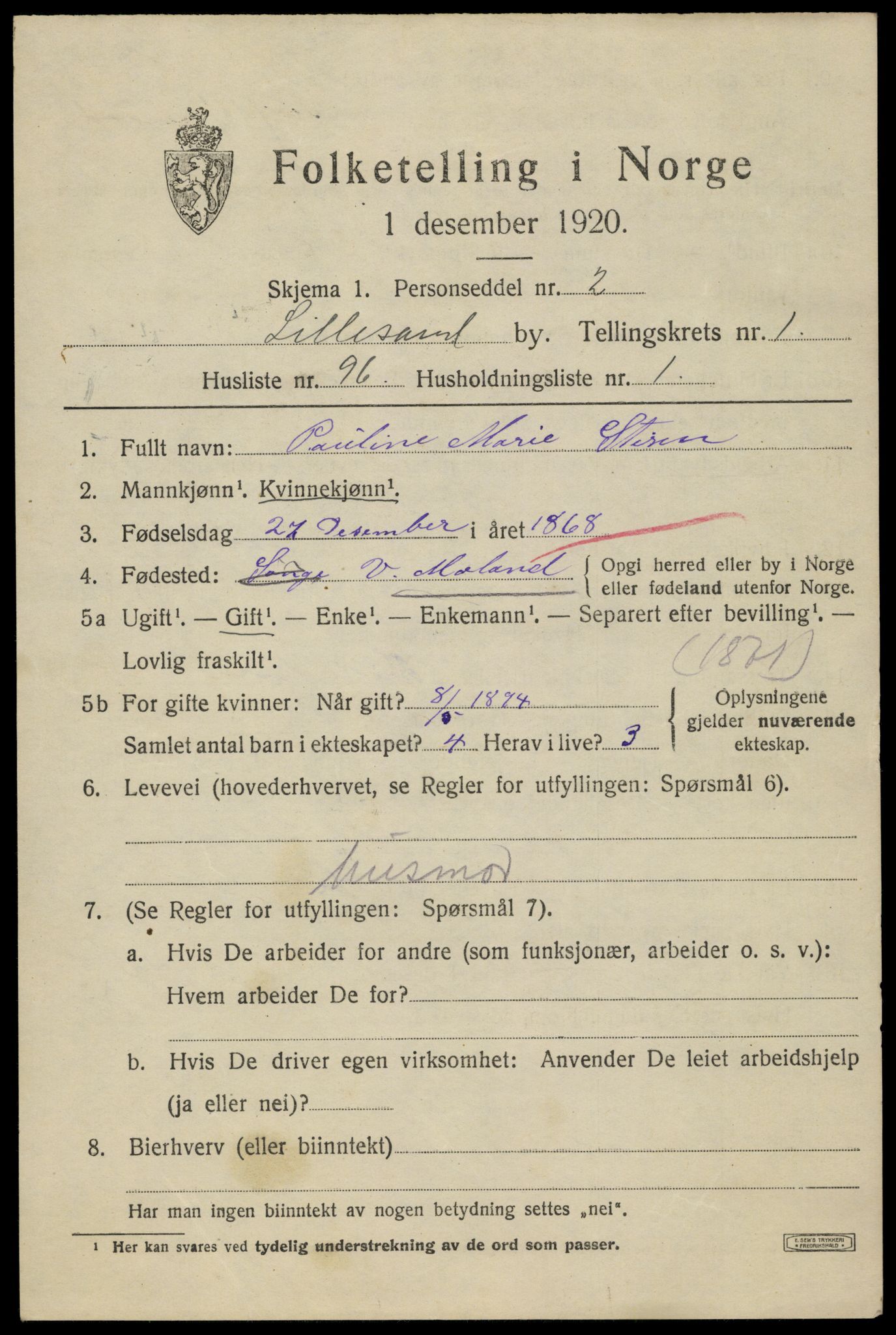 SAK, 1920 census for Lillesand, 1920, p. 2325