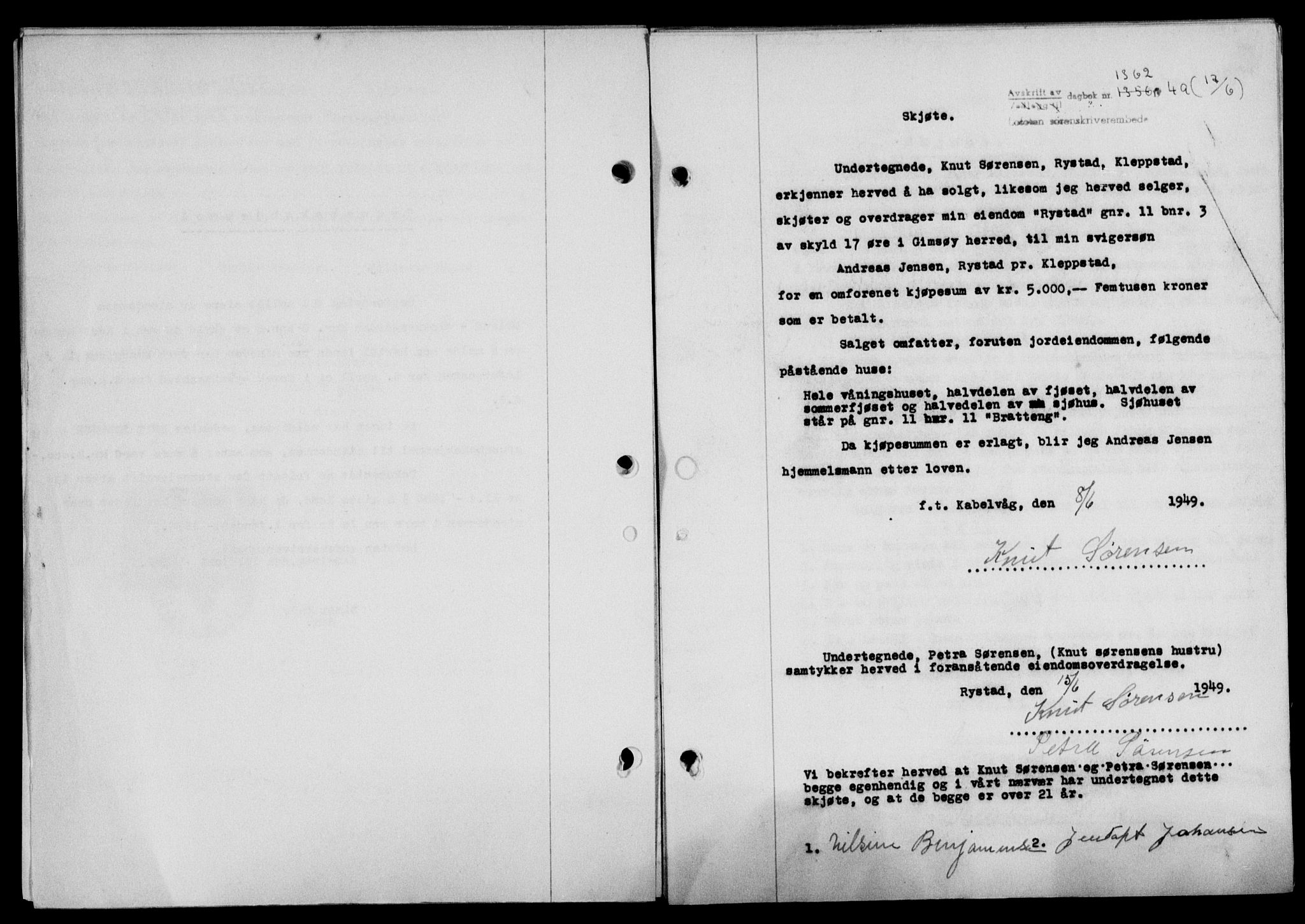 Lofoten sorenskriveri, SAT/A-0017/1/2/2C/L0021a: Mortgage book no. 21a, 1949-1949, Diary no: : 1362/1949