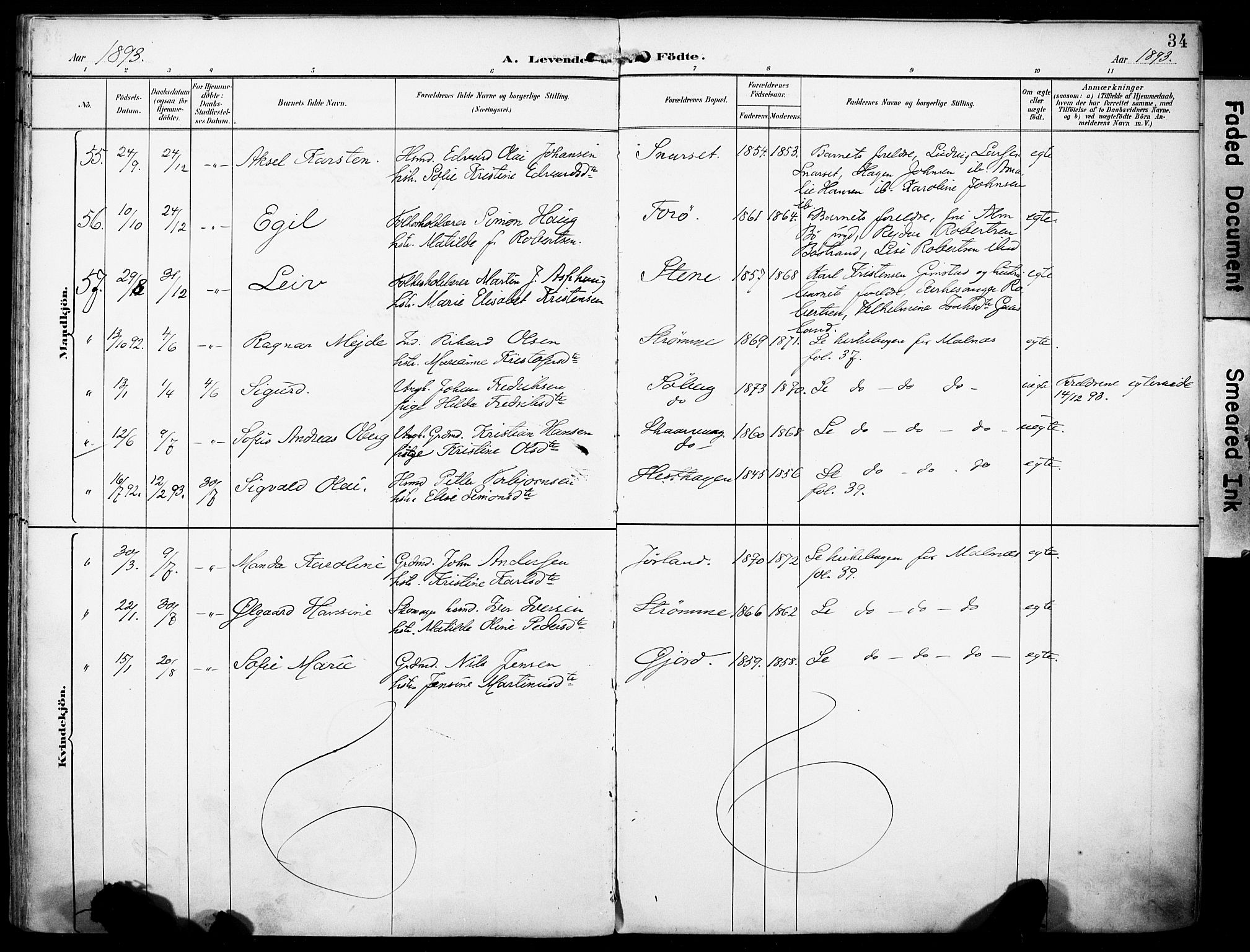 Ministerialprotokoller, klokkerbøker og fødselsregistre - Nordland, AV/SAT-A-1459/891/L1303: Parish register (official) no. 891A08, 1891-1894, p. 34
