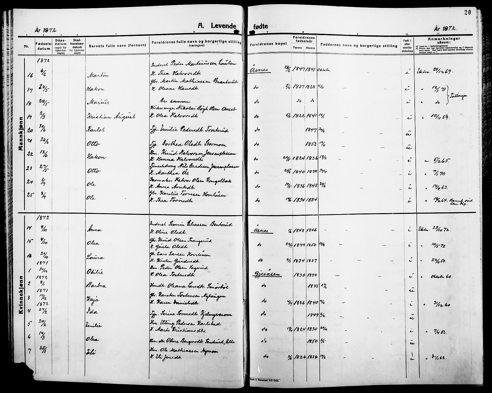 Åsnes prestekontor, AV/SAH-PREST-042/H/Ha/Haa/L0000B: Parish register (official), 1870-1889, p. 20