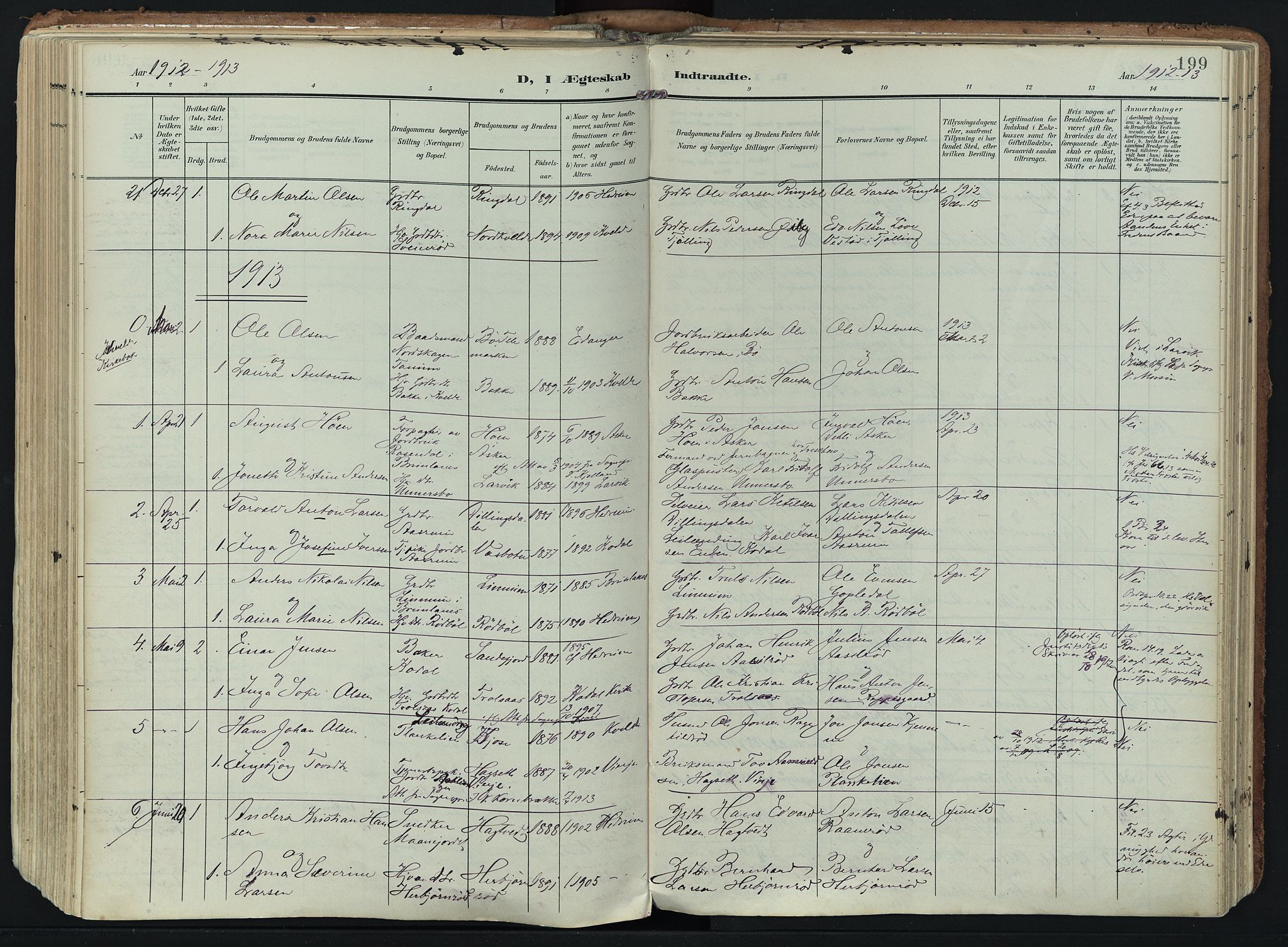 Hedrum kirkebøker, SAKO/A-344/F/Fa/L0010: Parish register (official) no. I 10, 1904-1918, p. 199