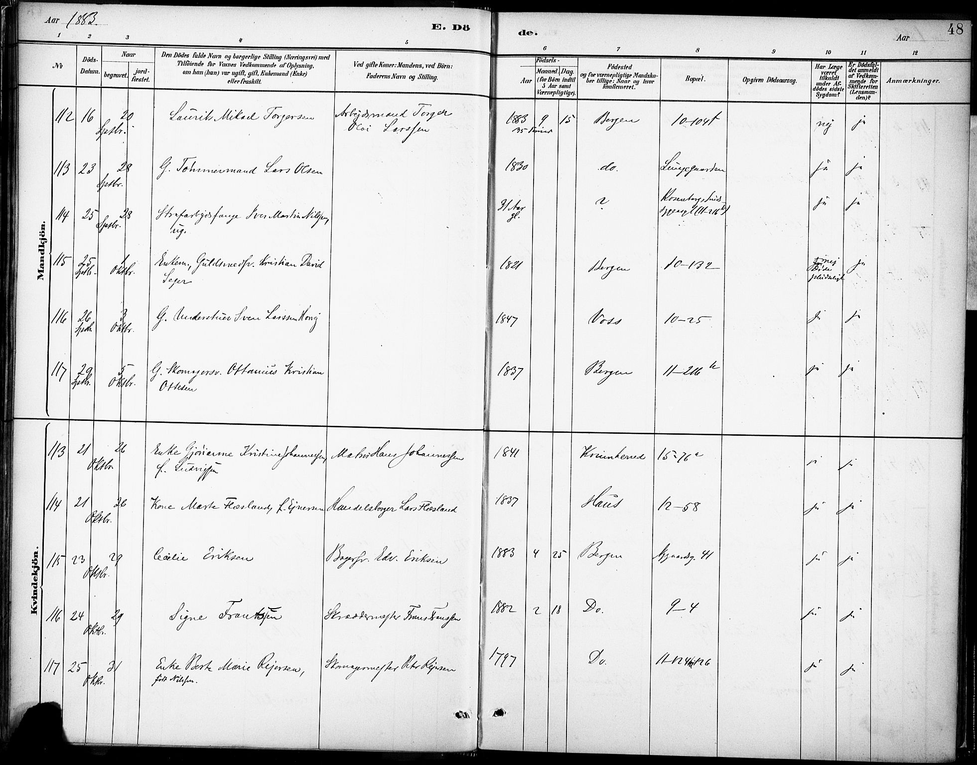 Domkirken sokneprestembete, AV/SAB-A-74801/H/Haa/L0043: Parish register (official) no. E 5, 1882-1904, p. 48