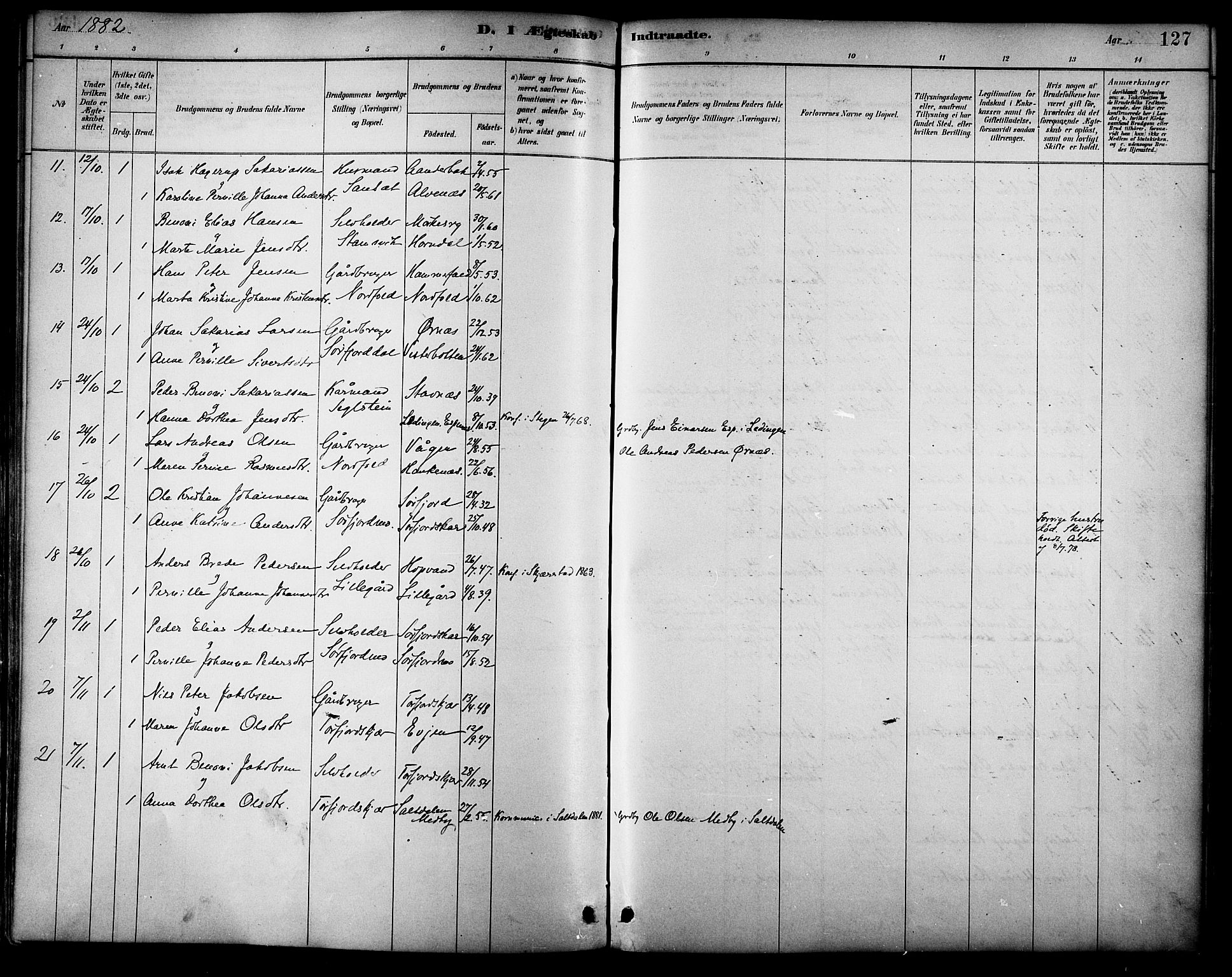 Ministerialprotokoller, klokkerbøker og fødselsregistre - Nordland, SAT/A-1459/854/L0778: Parish register (official) no. 854A01 /2, 1881-1888, p. 127