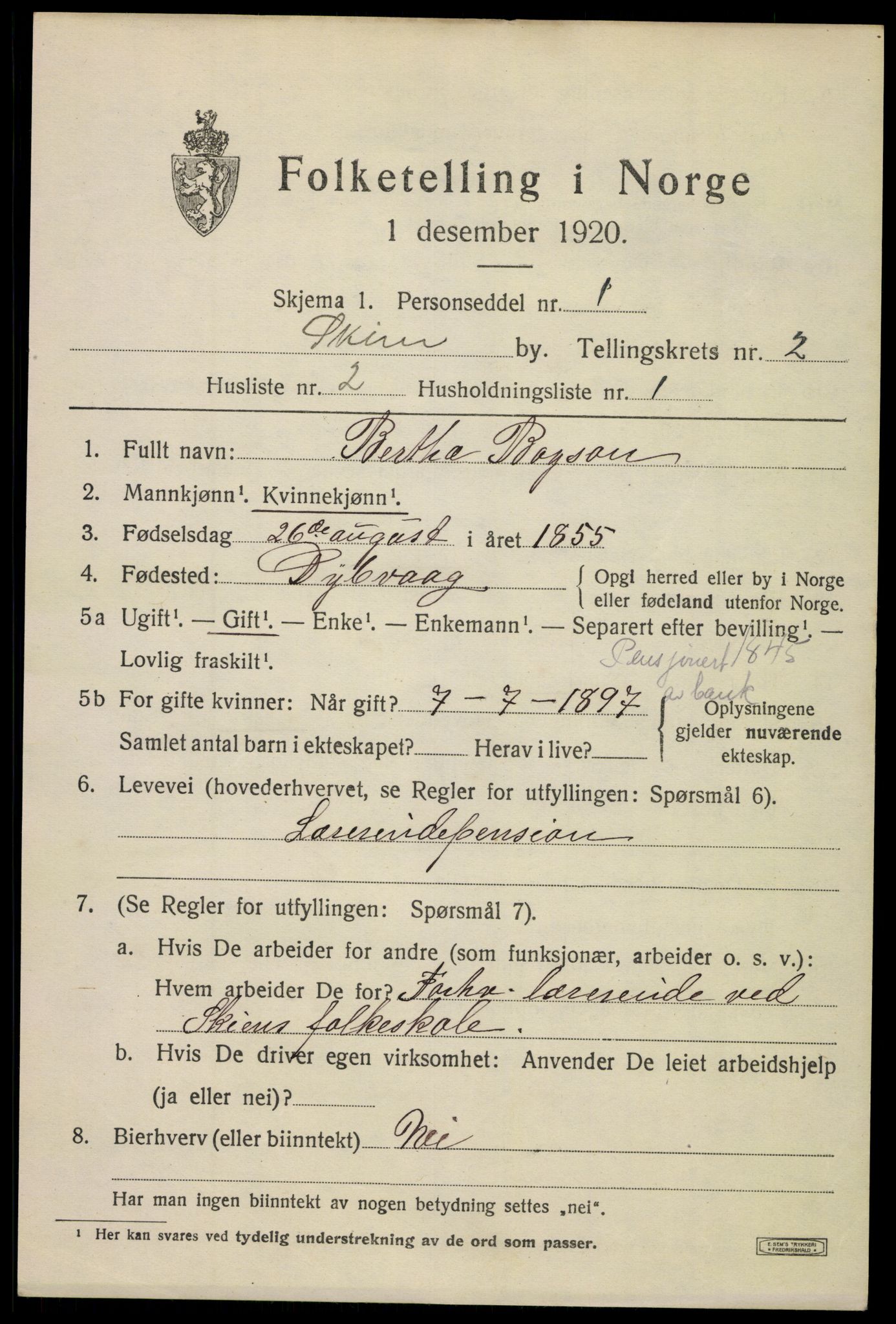 SAKO, 1920 census for Skien, 1920, p. 13558