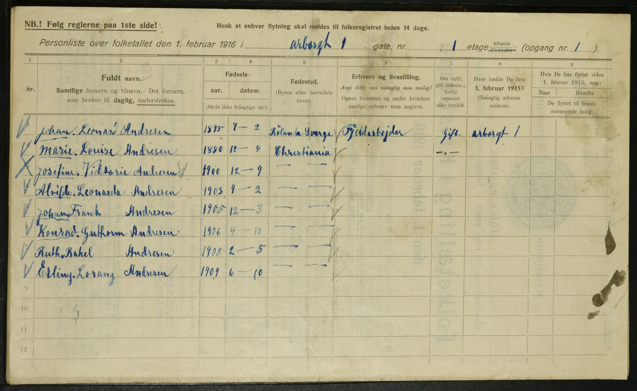 OBA, Municipal Census 1916 for Kristiania, 1916, p. 1672