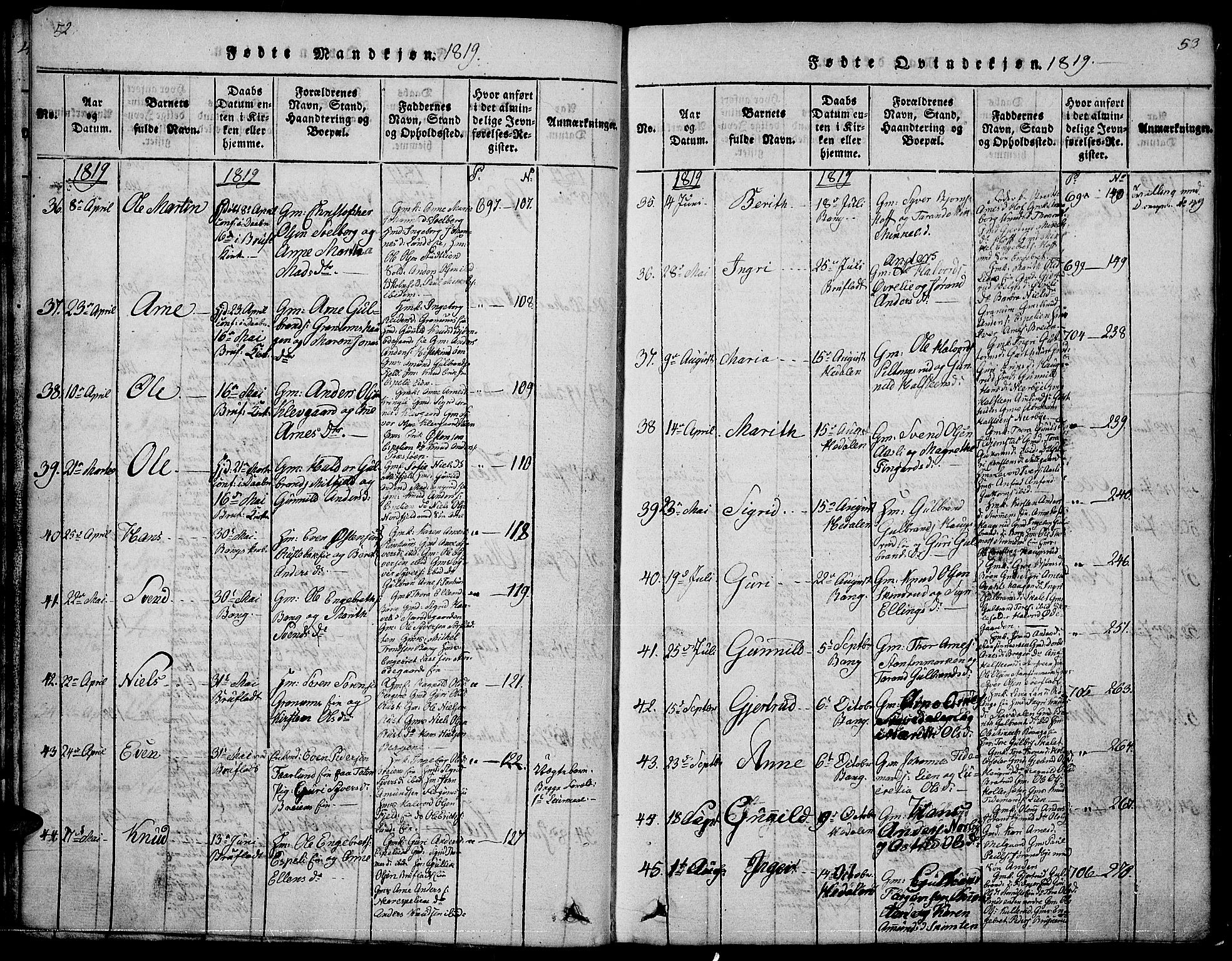 Sør-Aurdal prestekontor, SAH/PREST-128/H/Ha/Hab/L0001: Parish register (copy) no. 1, 1815-1826, p. 52-53
