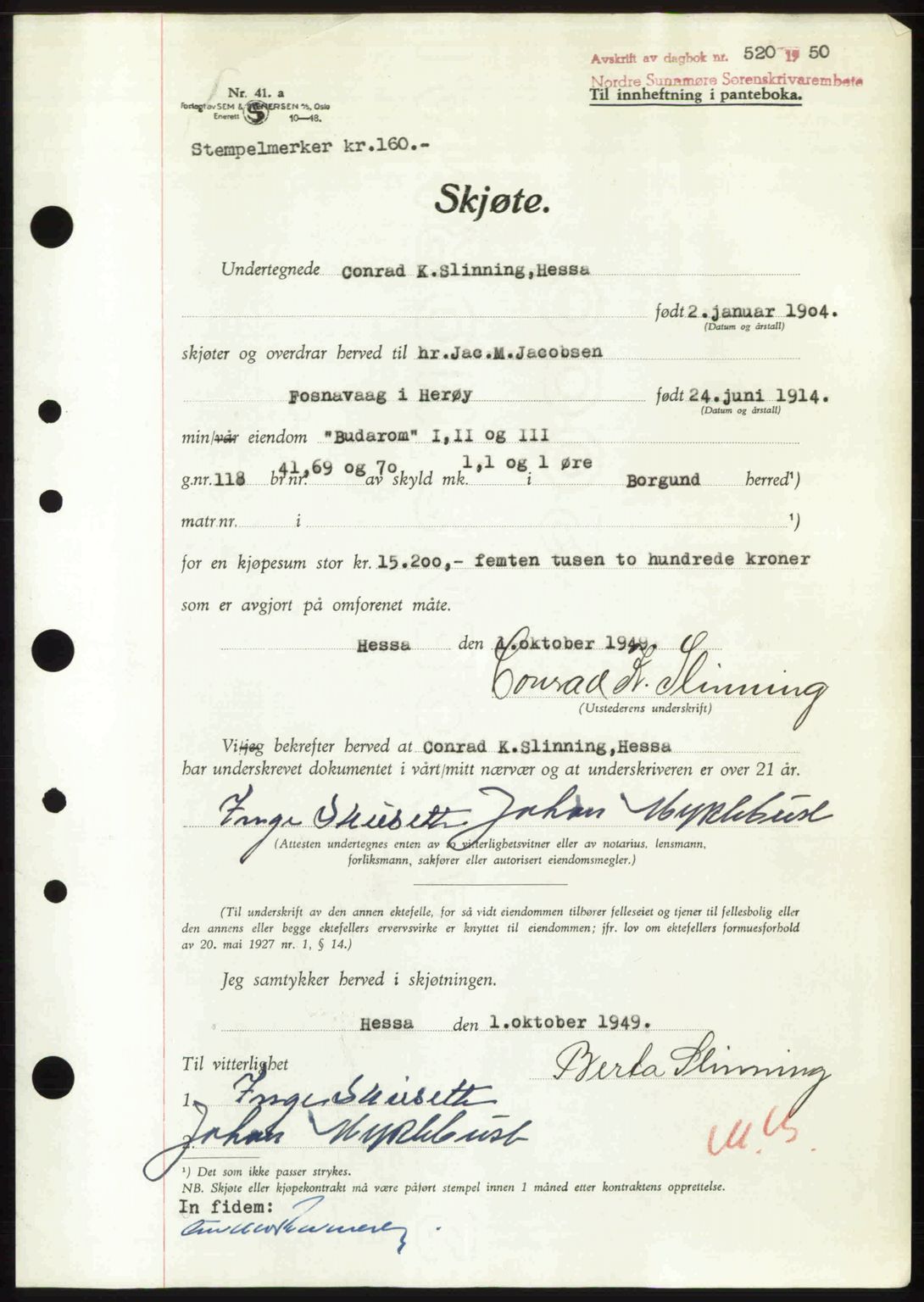 Nordre Sunnmøre sorenskriveri, AV/SAT-A-0006/1/2/2C/2Ca: Mortgage book no. A33, 1949-1950, Diary no: : 520/1950