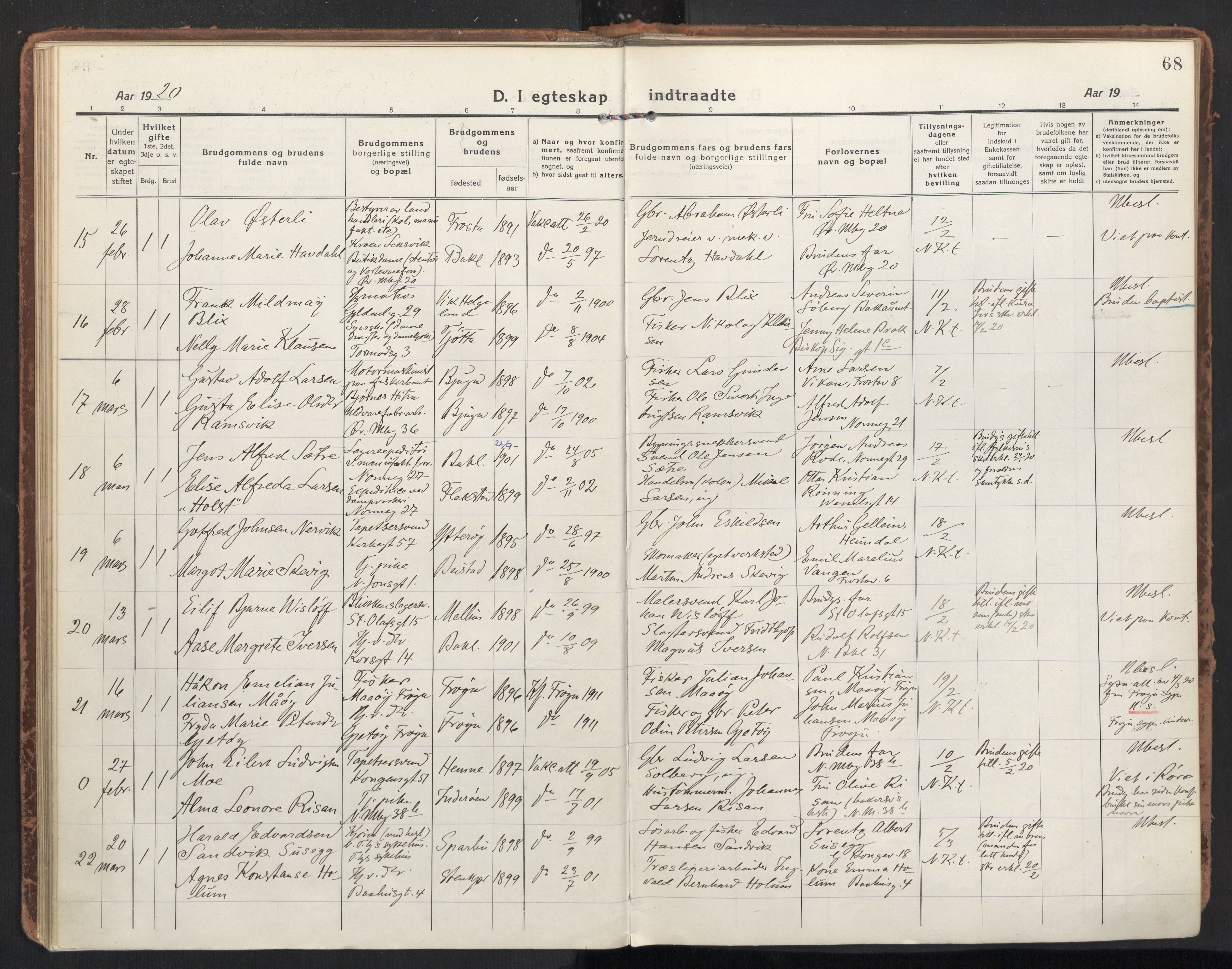 Ministerialprotokoller, klokkerbøker og fødselsregistre - Sør-Trøndelag, AV/SAT-A-1456/604/L0206: Parish register (official) no. 604A26, 1917-1931, p. 68