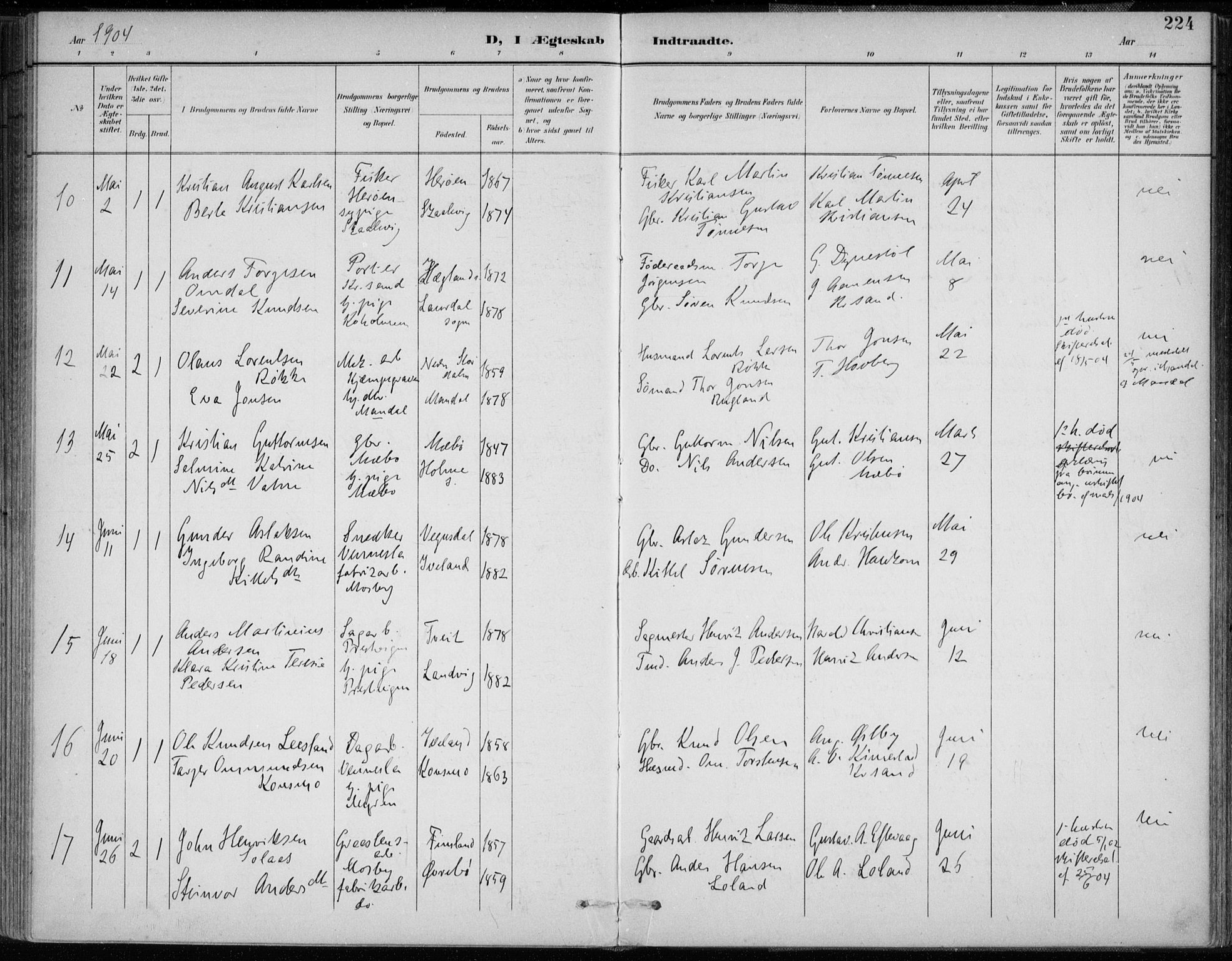 Oddernes sokneprestkontor, AV/SAK-1111-0033/F/Fa/Faa/L0010: Parish register (official) no. A 10, 1897-1911, p. 224