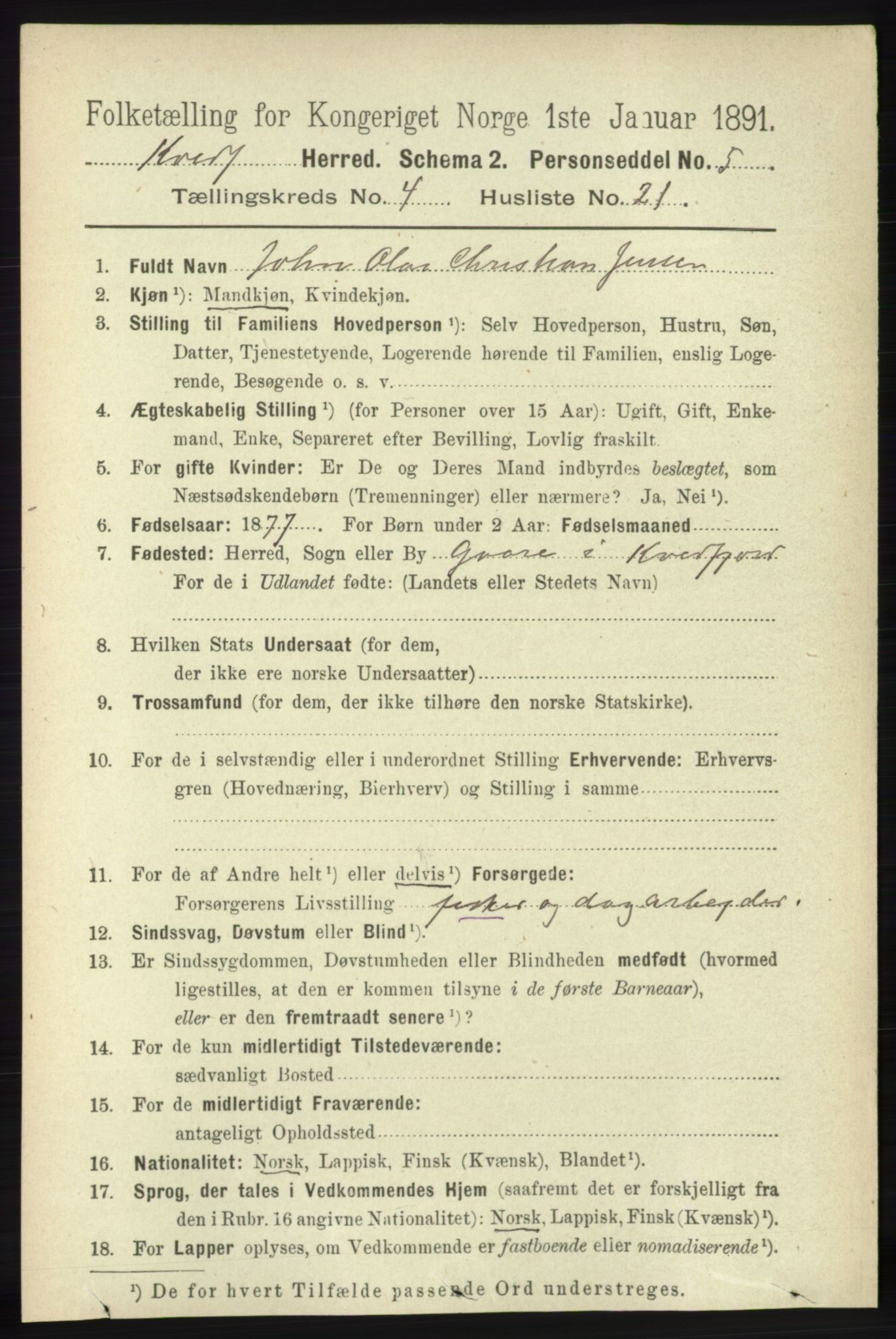 RA, 1891 census for 1911 Kvæfjord, 1891, p. 2015