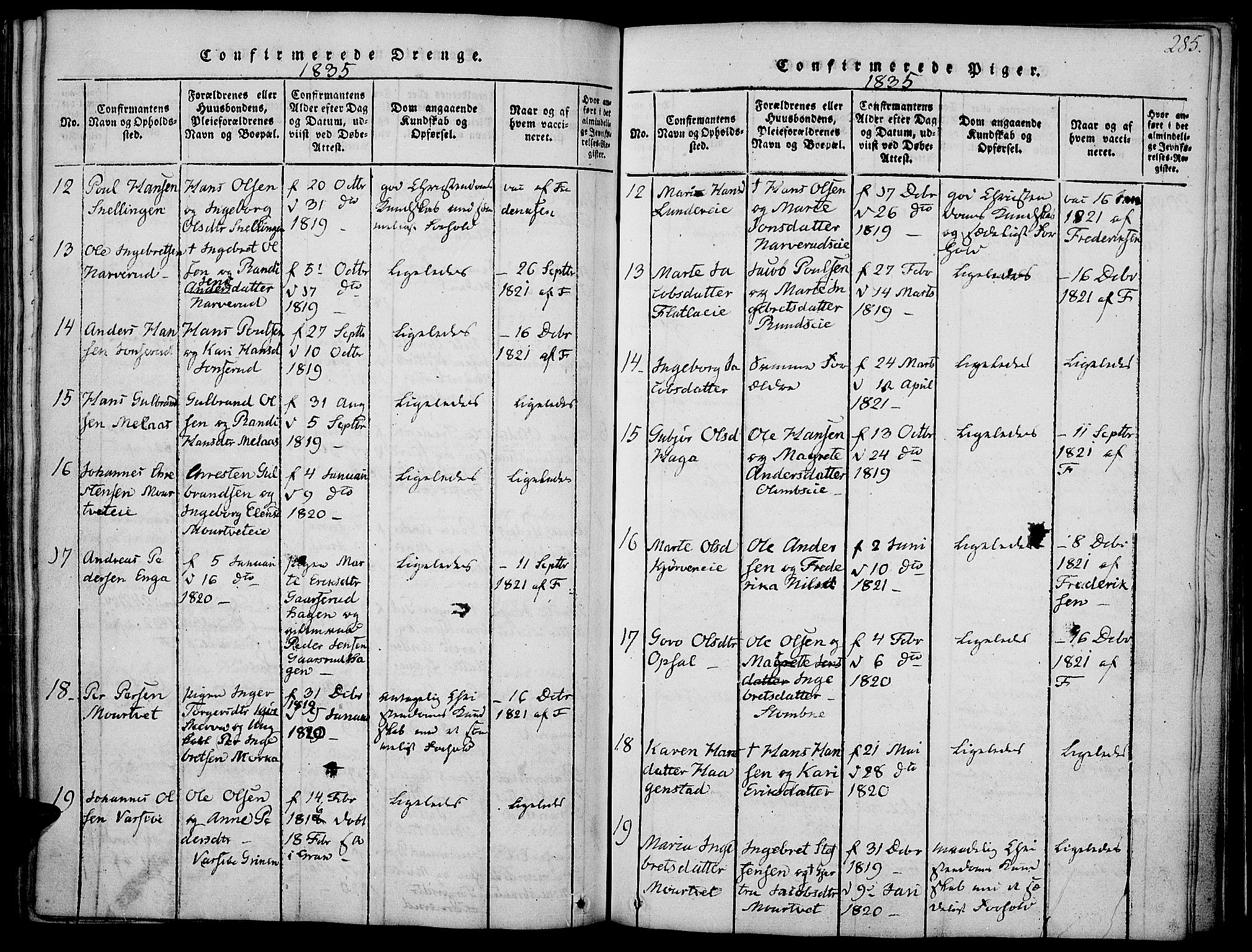 Jevnaker prestekontor, SAH/PREST-116/H/Ha/Haa/L0005: Parish register (official) no. 5, 1815-1837, p. 285