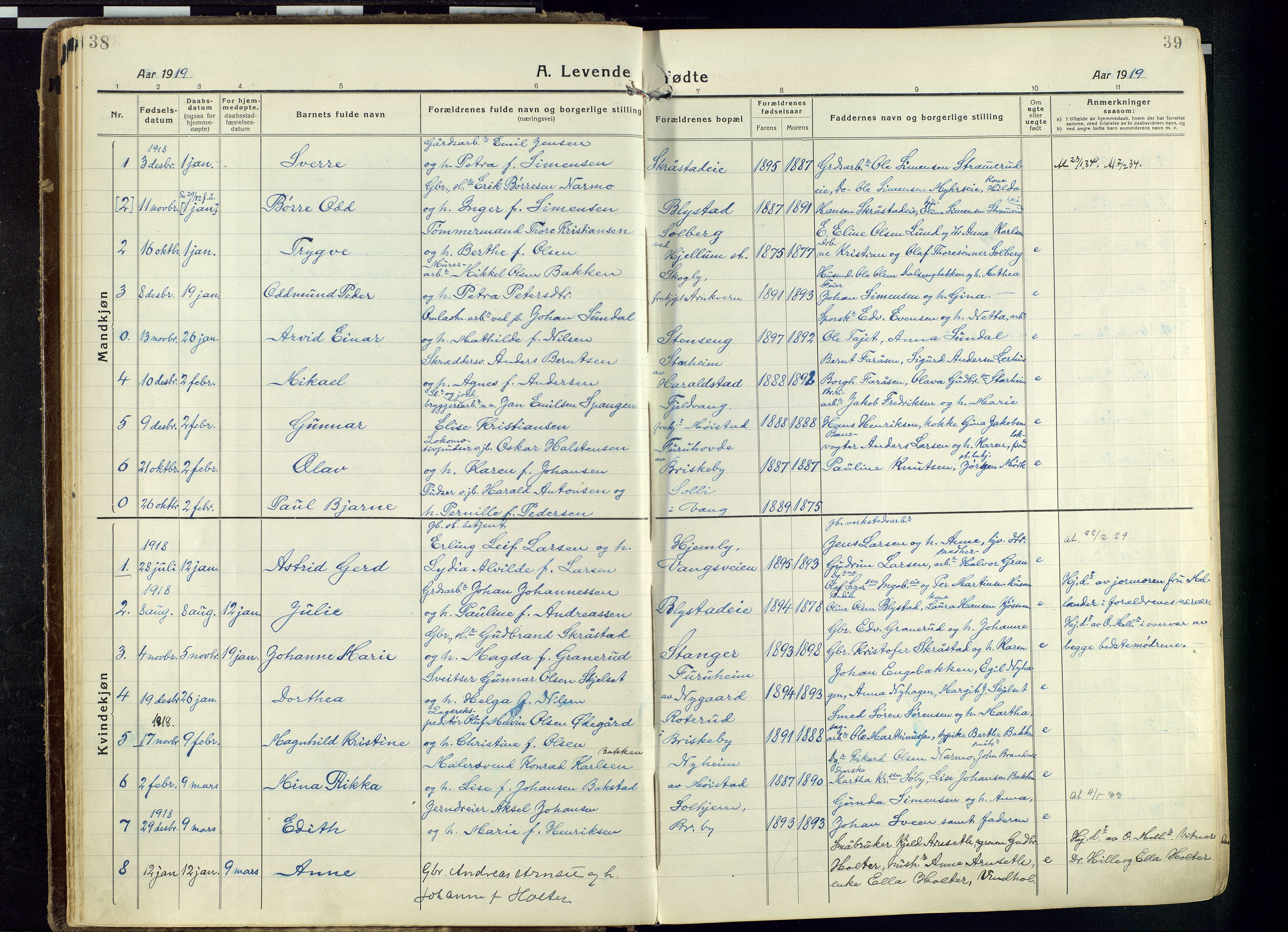 Vang prestekontor, Hedmark, SAH/PREST-008/H/Ha/Haa/L0022: Parish register (official) no. 22, 1918-1944, p. 38-39