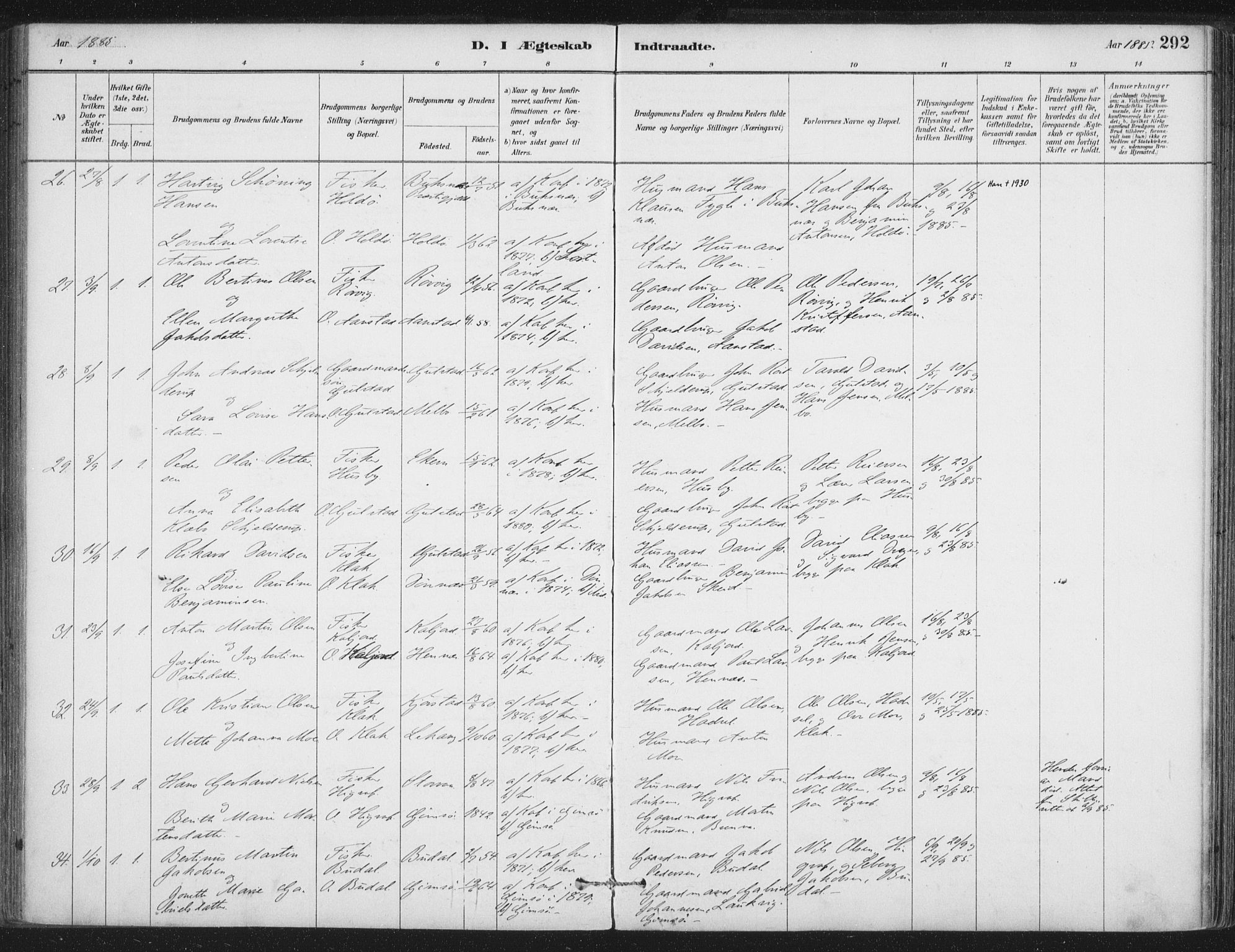 Ministerialprotokoller, klokkerbøker og fødselsregistre - Nordland, AV/SAT-A-1459/888/L1244: Parish register (official) no. 888A10, 1880-1890, p. 292